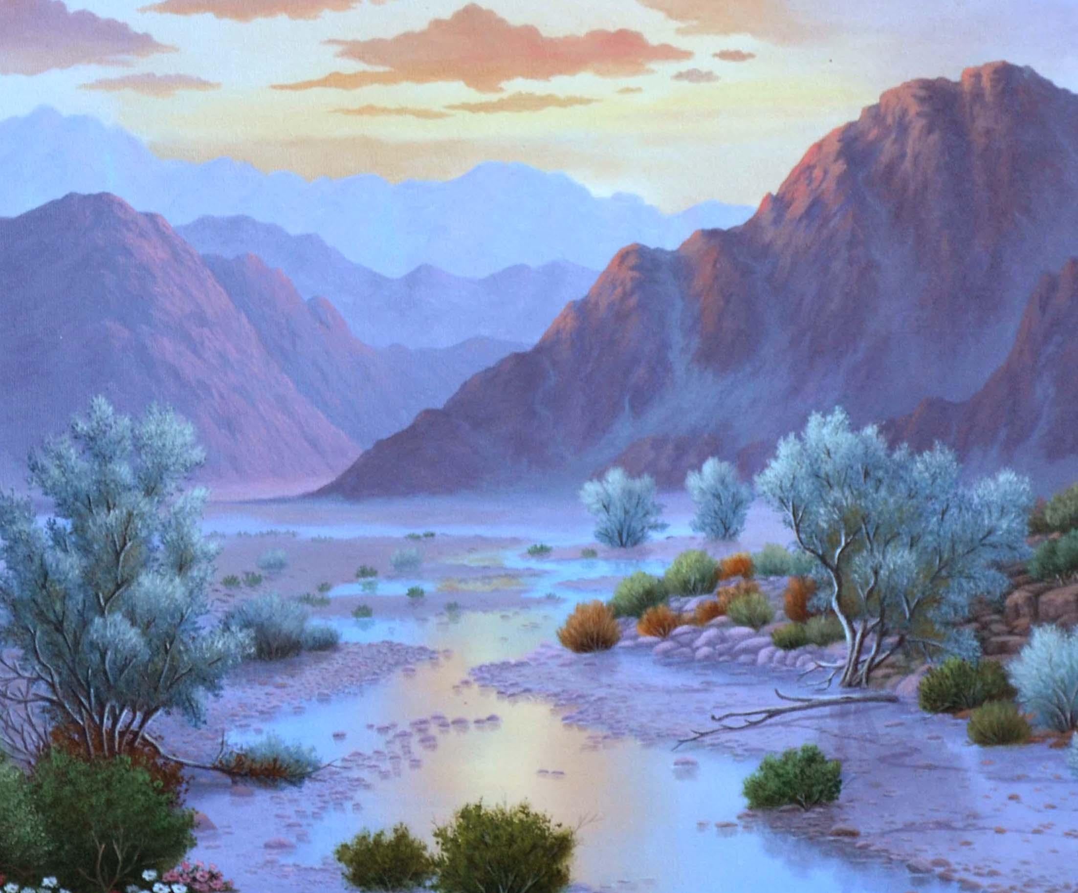 Paysage vintage -- Coucher de soleil dans le désert - Réalisme Painting par Leyette Edens