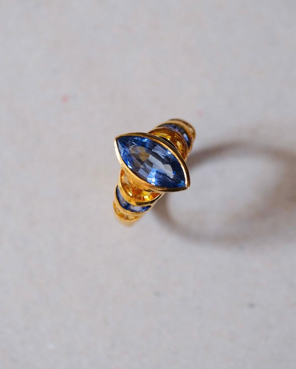 Mixed Cut LEYSER 18K Gold Blue & Yellow Sapphire Ring For Sale