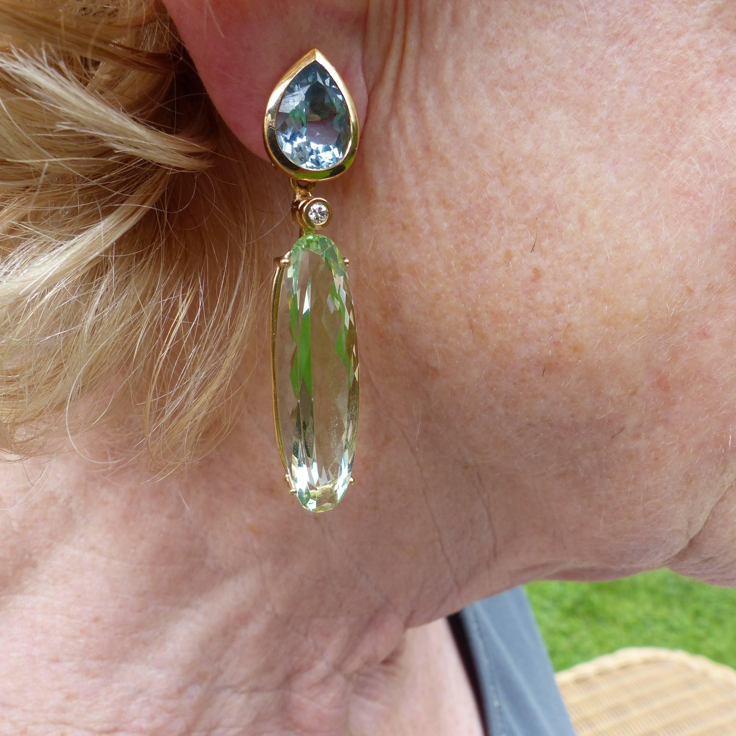 Women's LEYSER 18k Rose Gold Aquamarine Green Beryll Diamond Earrings For Sale