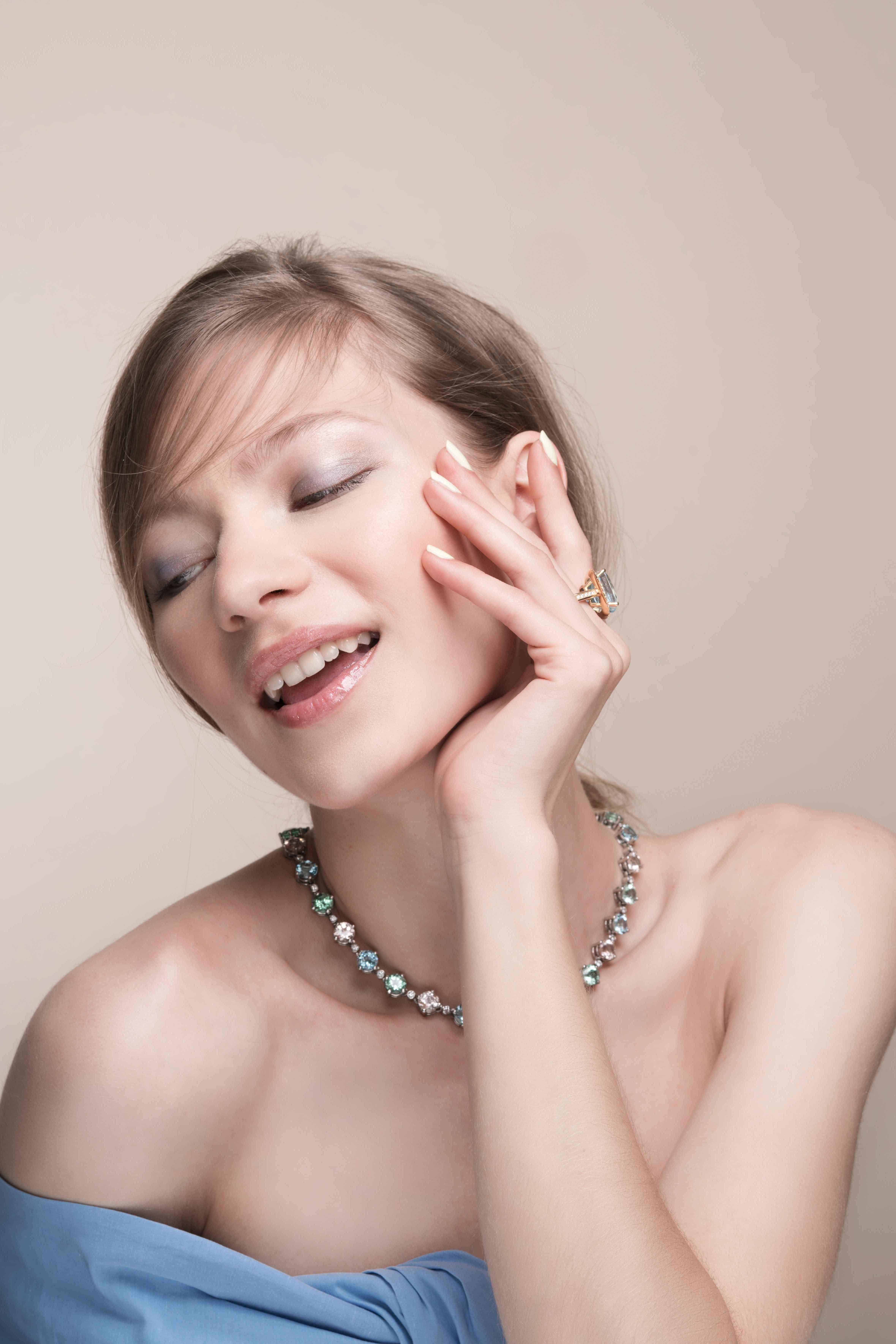 Women's Leyser 18K White Gold Multi-Colour Gemstones & Diamonds Necklace For Sale