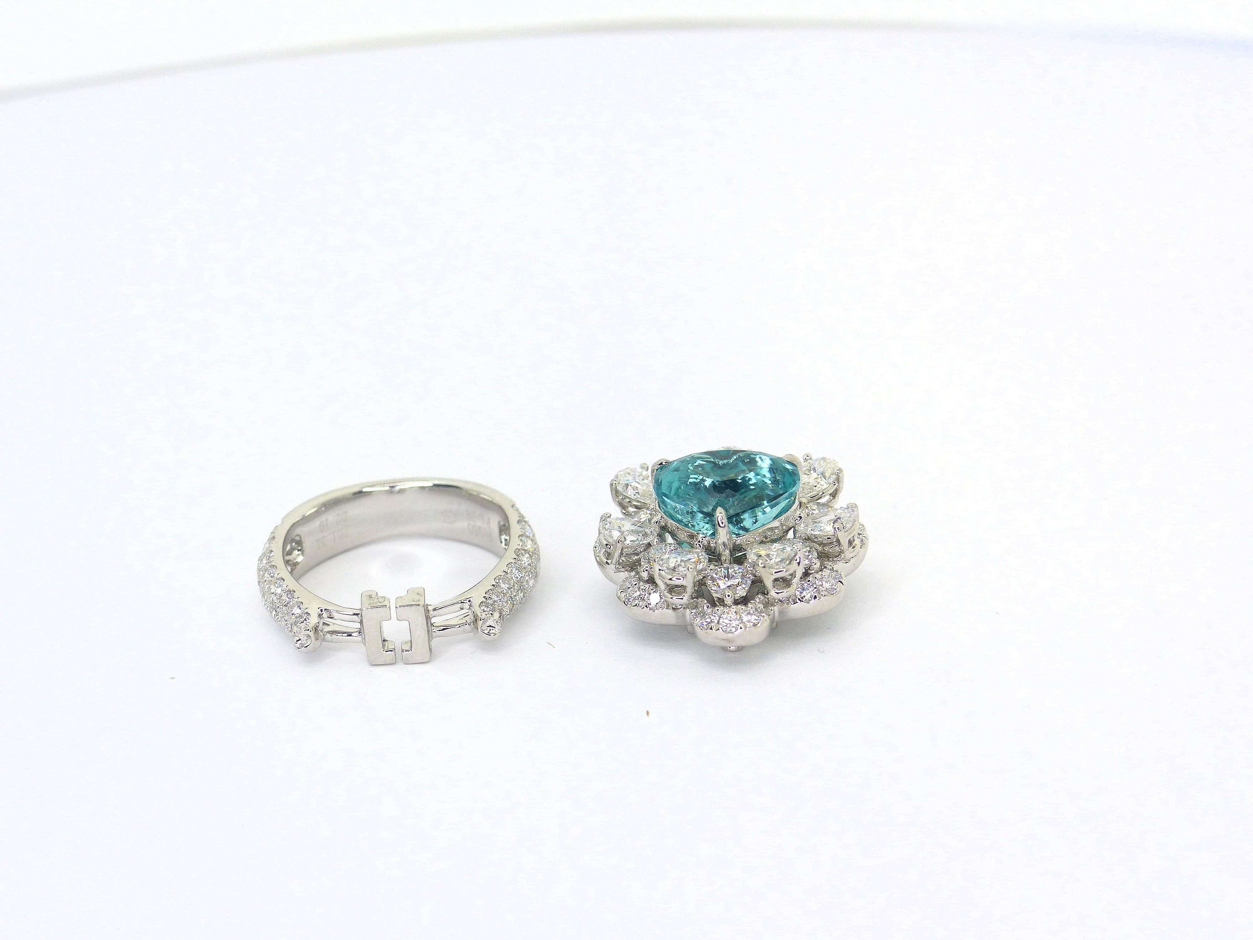 Bague en platine avec 1 tourmaline Paraiba bleu/vert en forme de cœur et diamants Neuf - En vente à Idar-Oberstein, DE