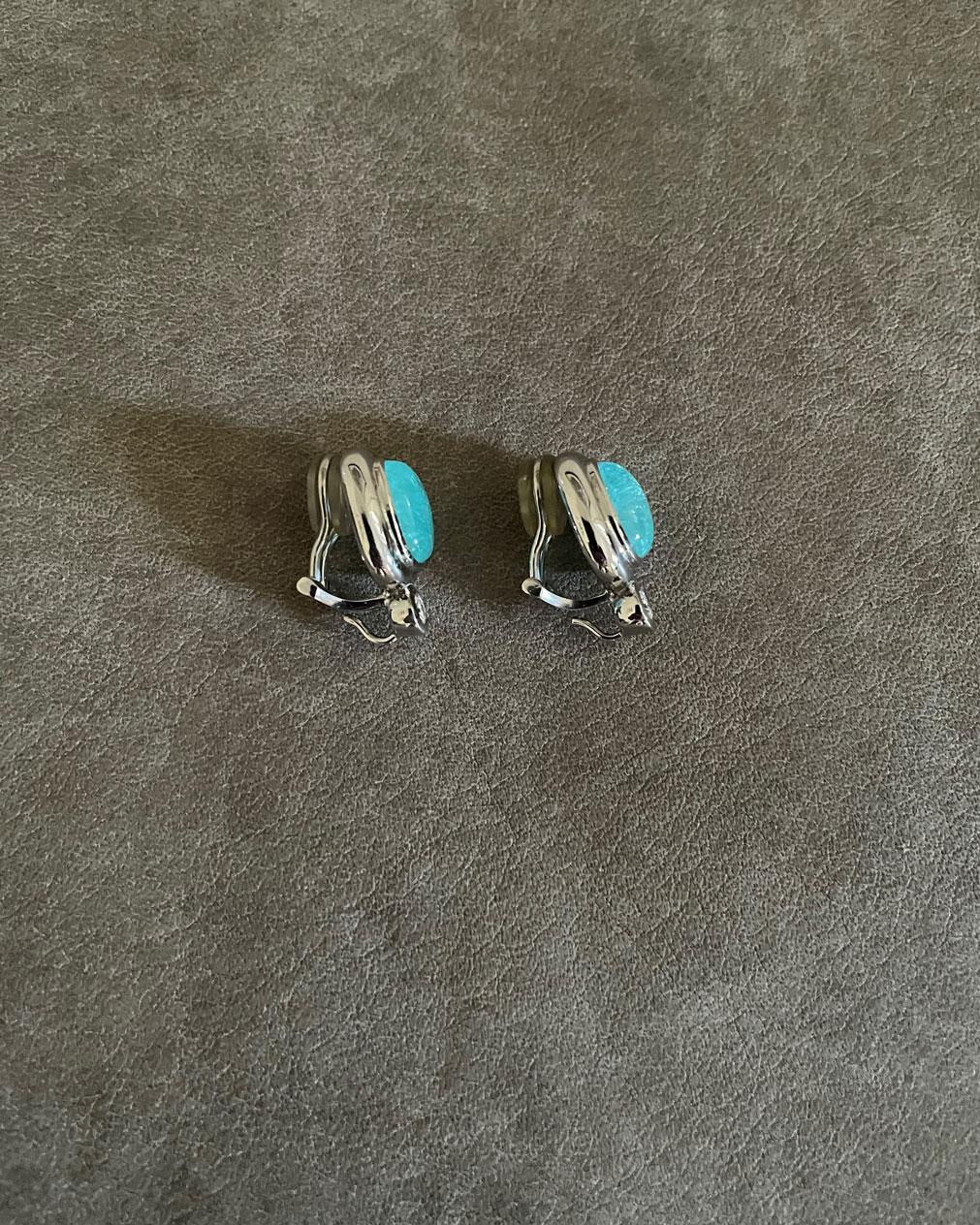 Cabochon Earrings in Platinum with 2 green Paraiba Tourmaline Cabouchons and 2 Diamonds For Sale