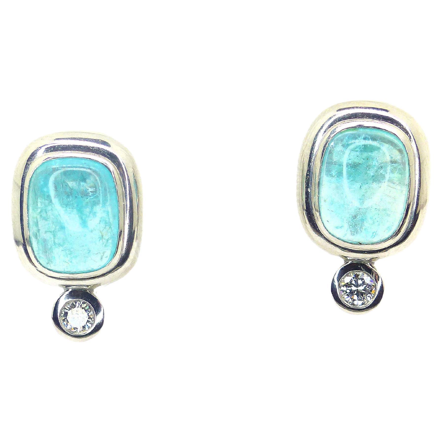 Earrings in Platinum with 2 green Paraiba Tourmaline Cabouchons and 2 Diamonds For Sale