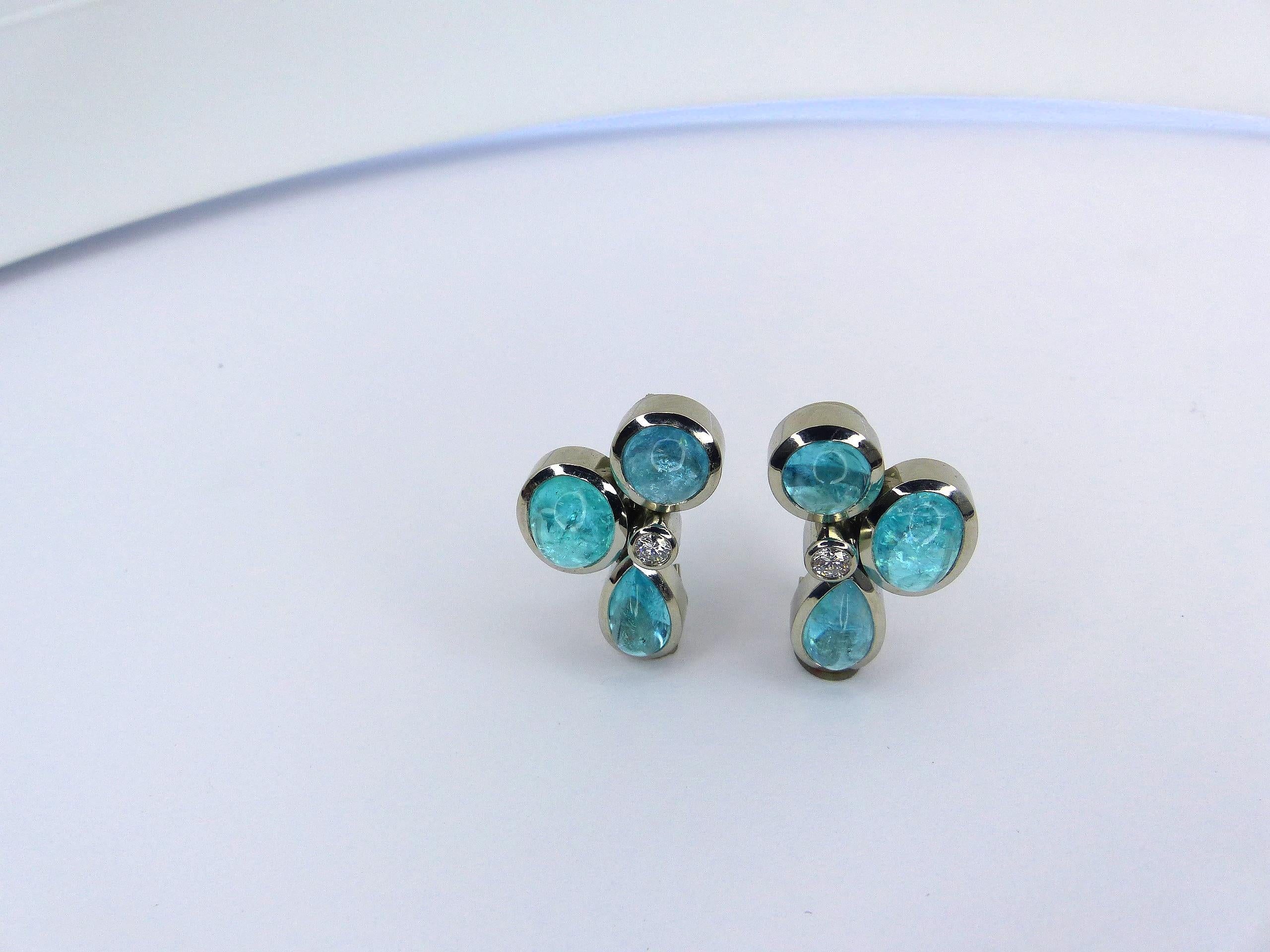 Cabochon Earrings in Platinum with 6 Paraiba Tourmaline Cabouchons and 2 Diamonds For Sale
