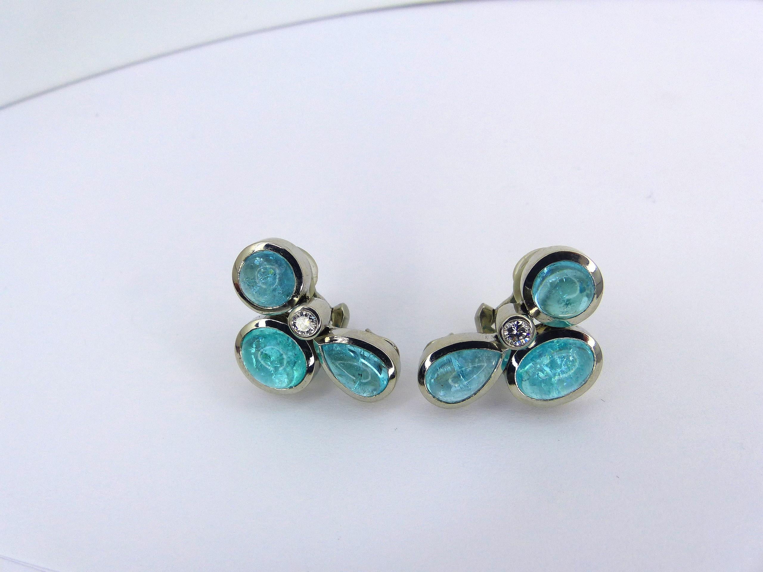 Women's Earrings in Platinum with 6 Paraiba Tourmaline Cabouchons and 2 Diamonds For Sale