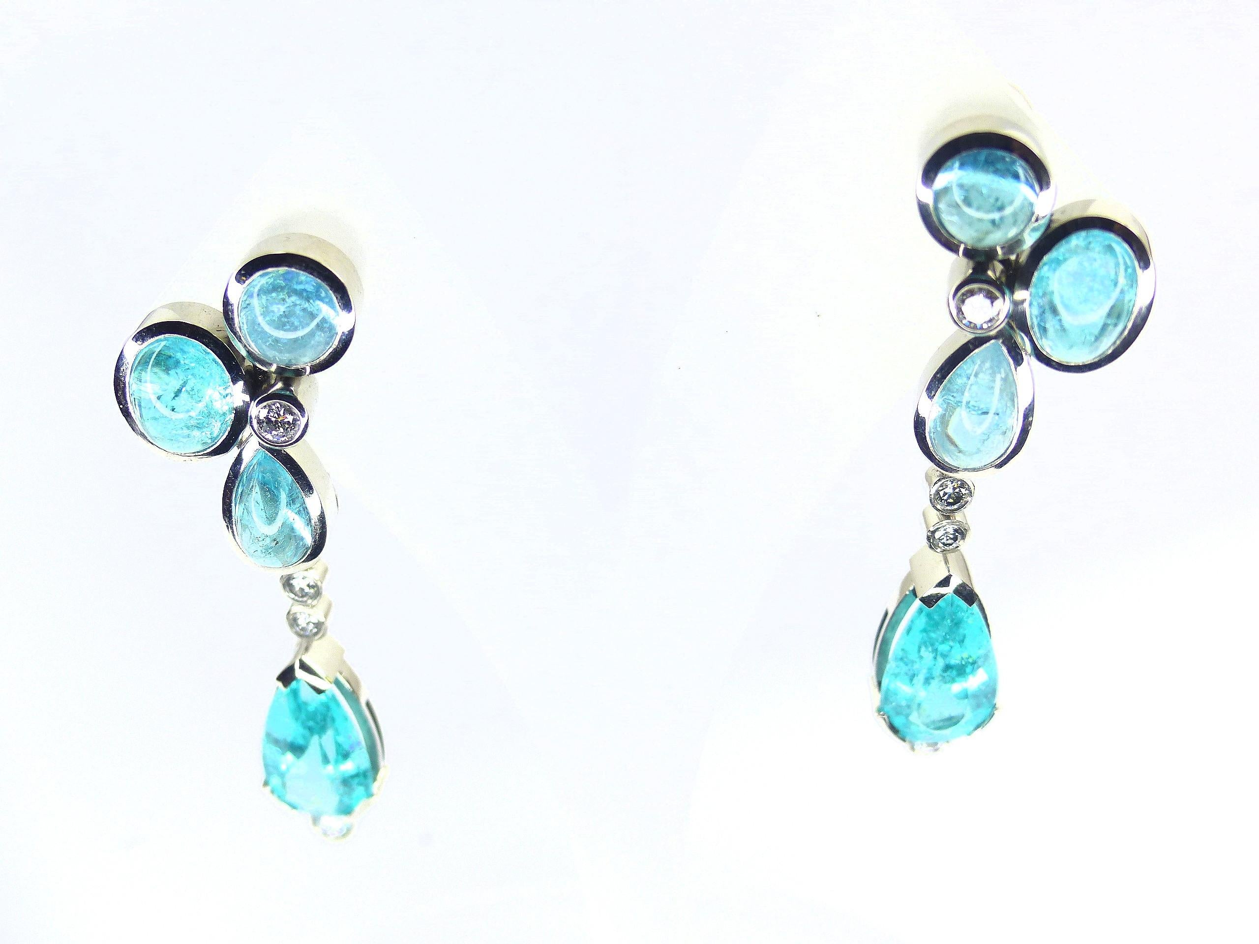 Earrings in Platinum with 6 Paraiba Tourmaline Cabouchons and 2 Diamonds For Sale 3