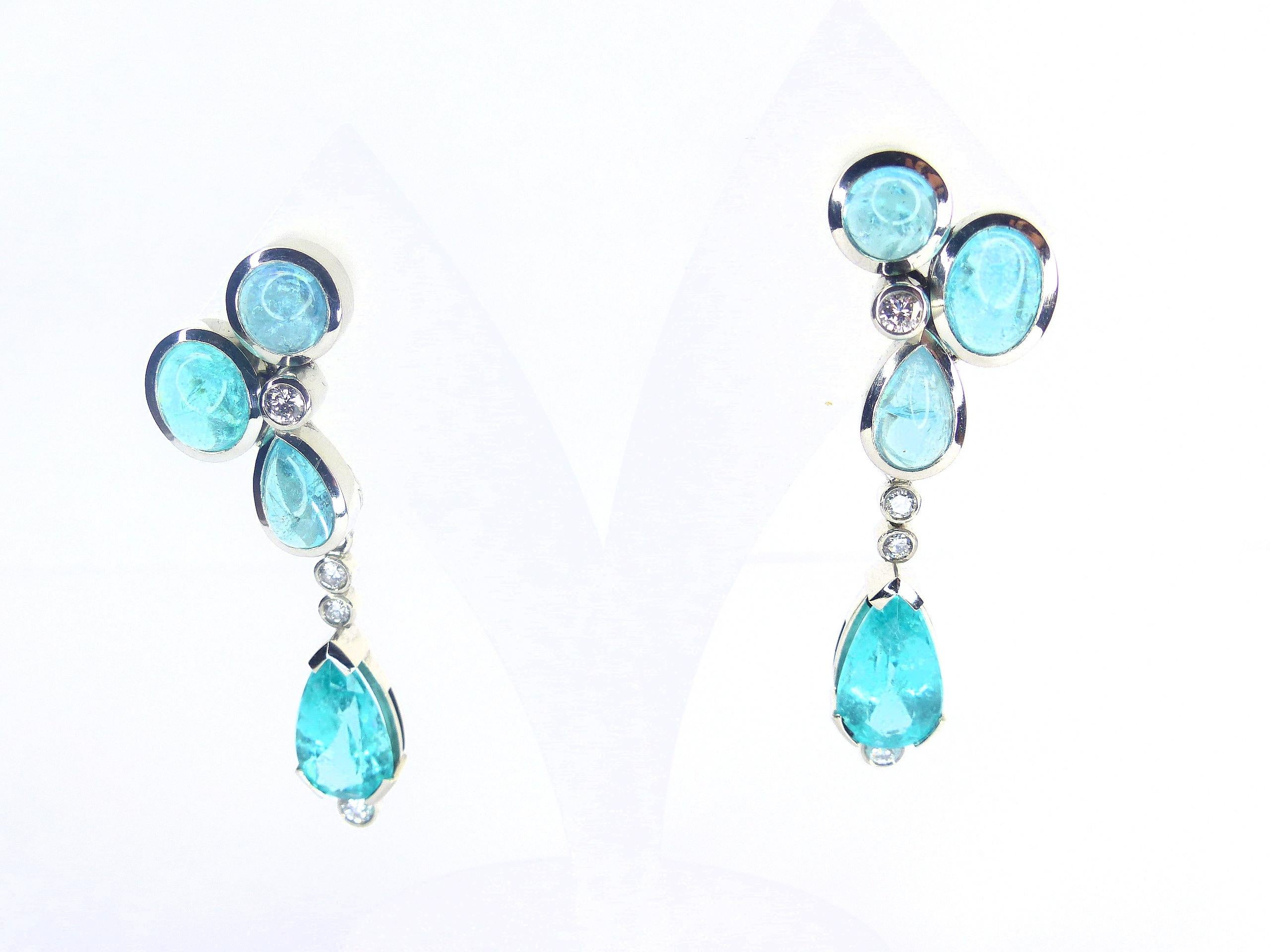 Earrings in Platinum with 6 Paraiba Tourmaline Cabouchons and 2 Diamonds For Sale 4