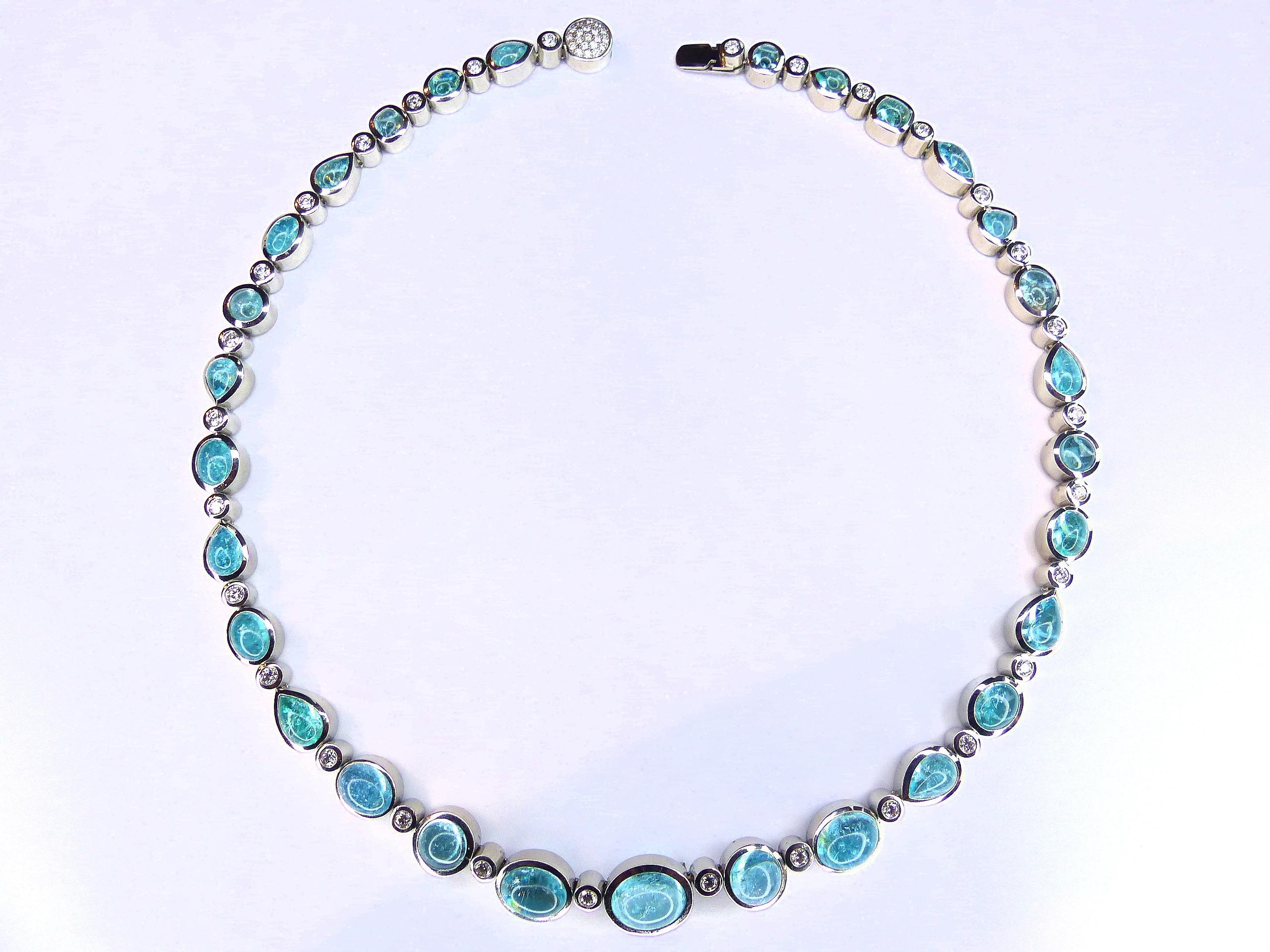 Contemporary Necklace in Platinum with 29 Paraiba Tourmaline Cabouchons and 46 Diamonds