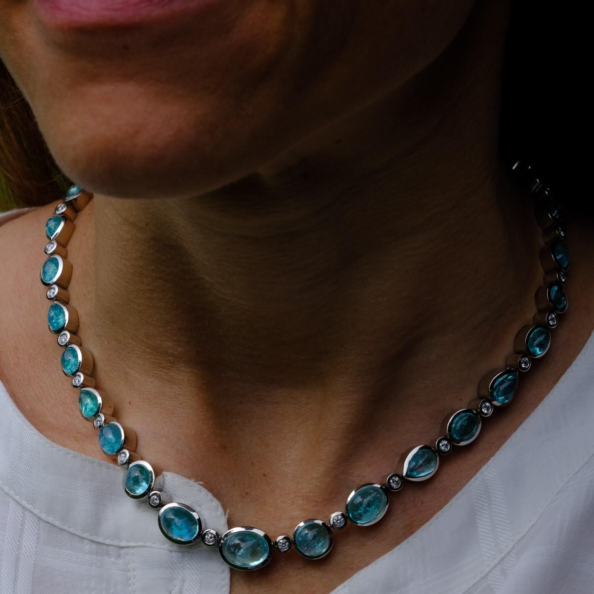 Women's Necklace in Platinum with 29 Paraiba Tourmaline Cabouchons and 46 Diamonds