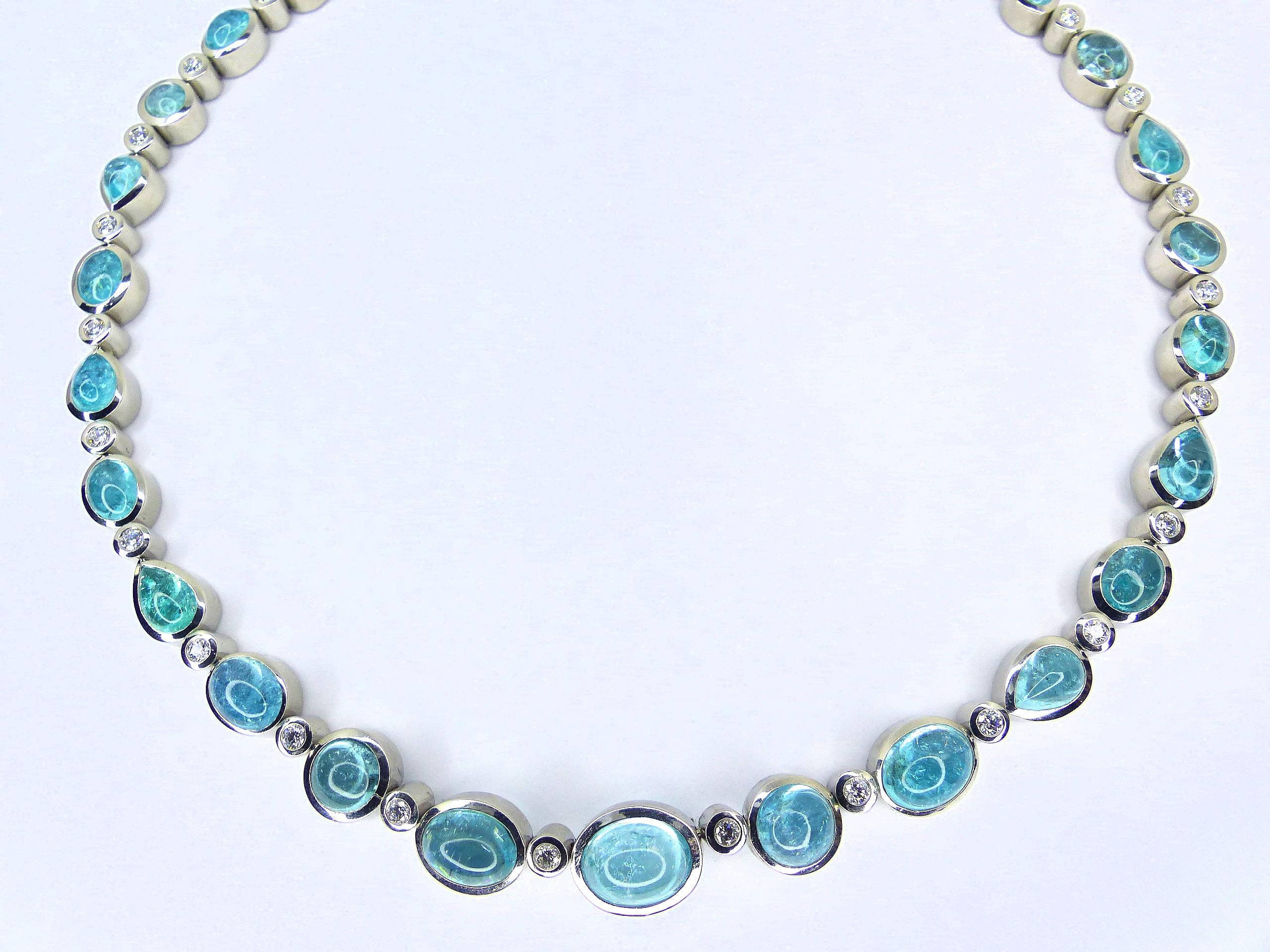 Cabochon Necklace in Platinum with 29 Paraiba Tourmaline Cabouchons and 46 Diamonds