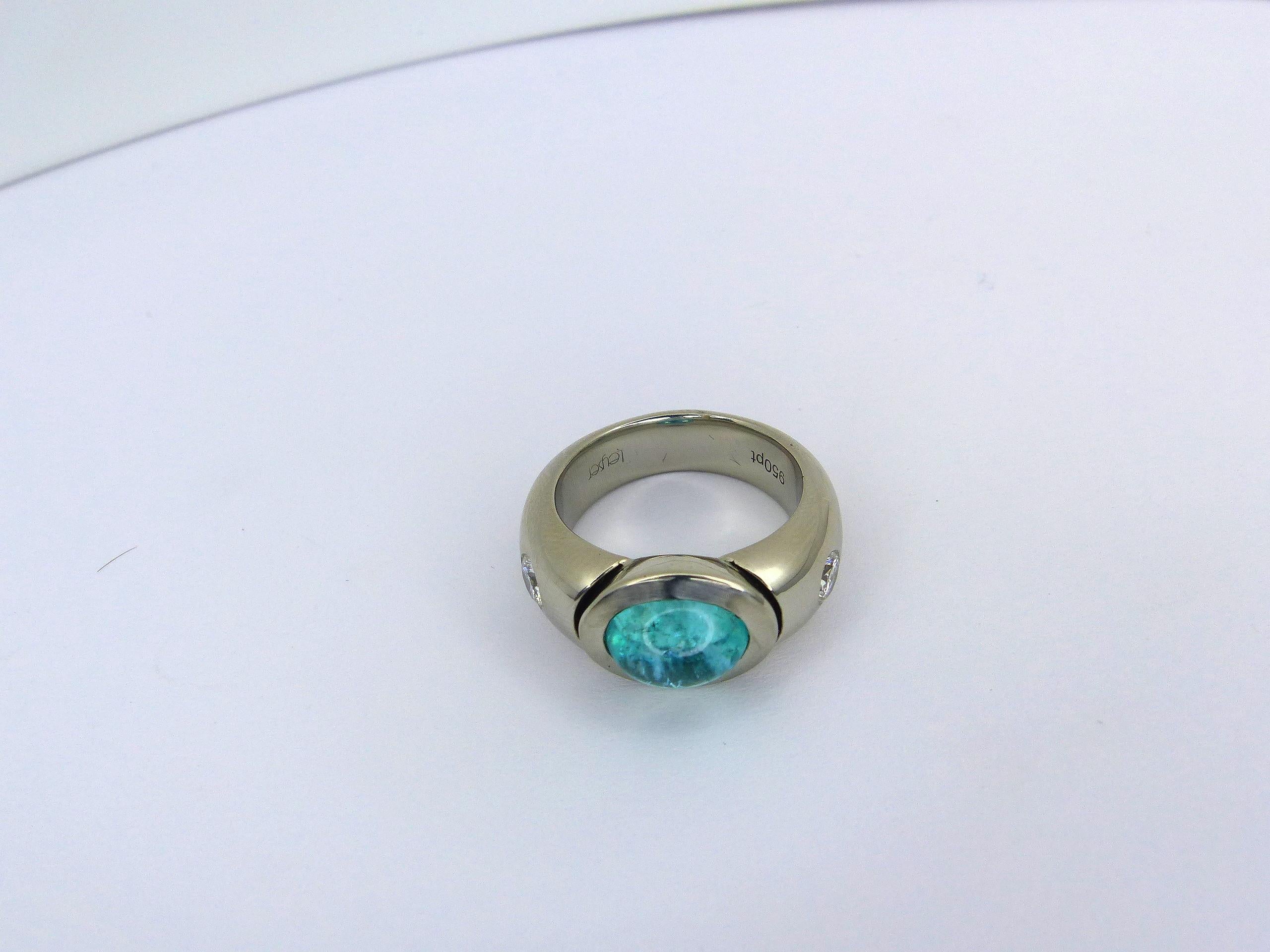 Contemporary Ring in Platinum with 1 blue/green Paraiba Tourmaline Cabouchon + 2 Diamonds