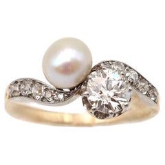 Antique LFD certified natural pearl and 0.70ct diamond You and Me ring, Belle Epoque