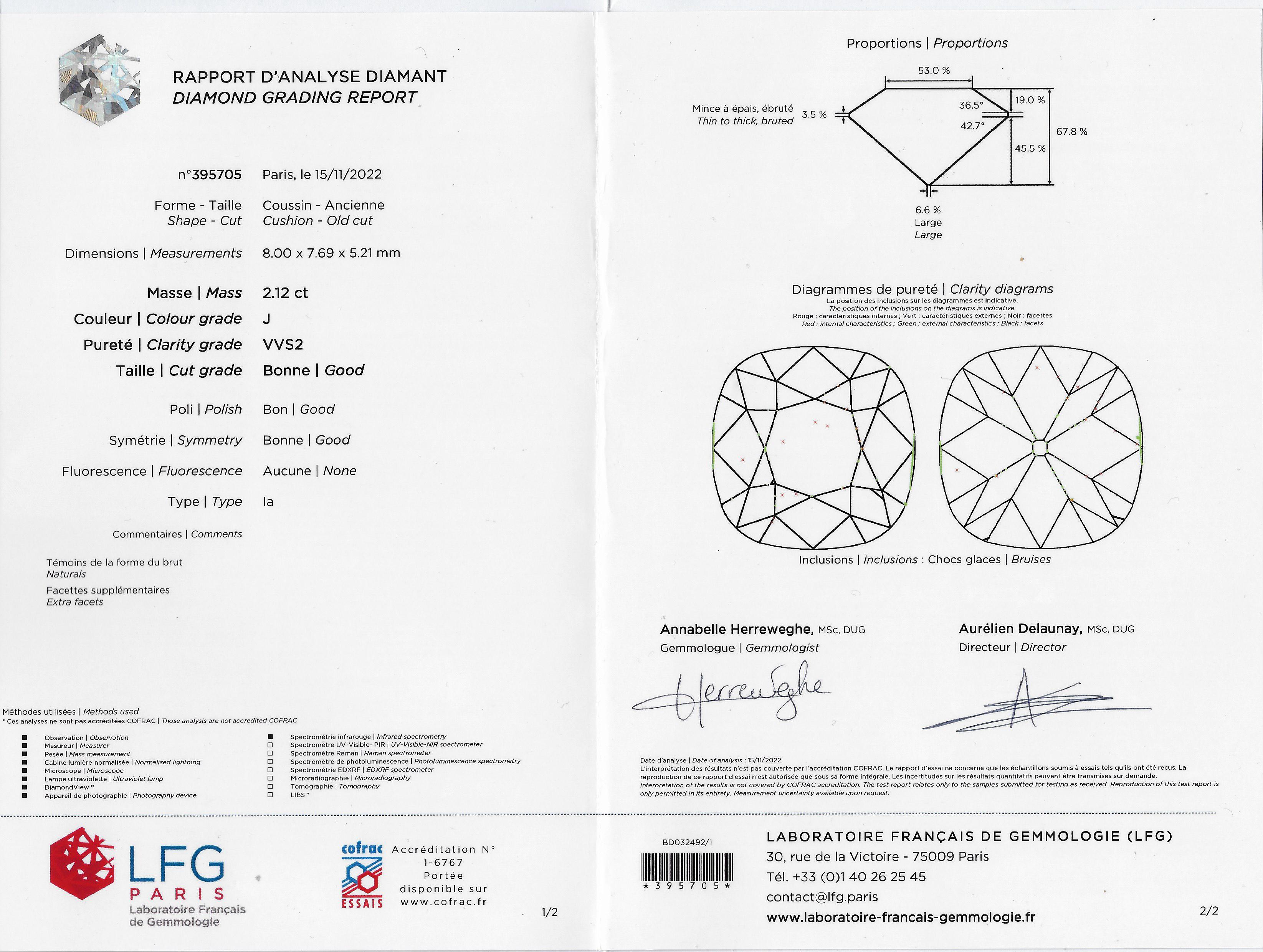 Belle Époque LFG Certified 2.12 J/VVS2 Antique Old Mine Cushion Brilliant Cut Diamond For Sale