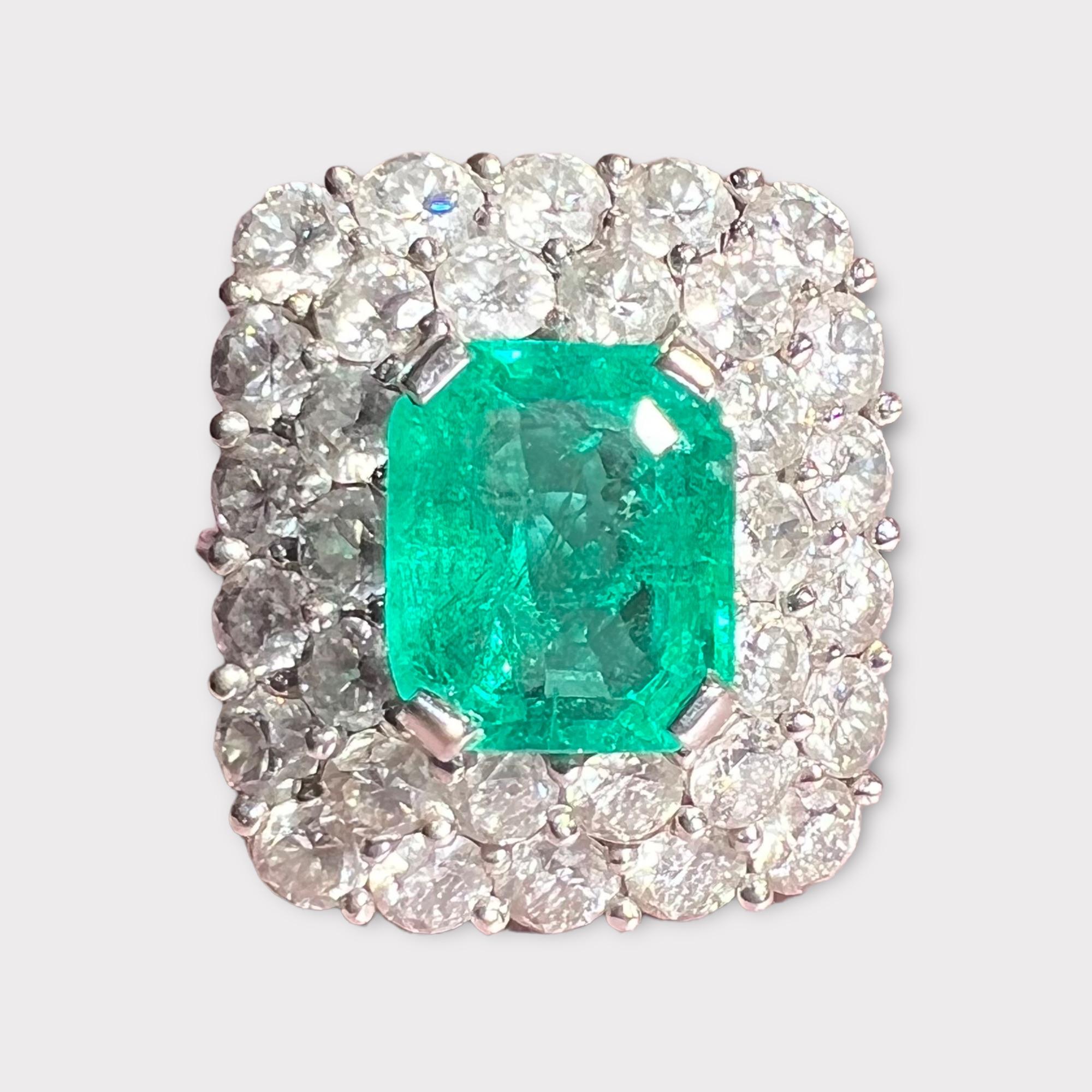 Women's LFG Certified 3, 38 Carat Emerald, 3, 20 Carat for 32 Diamonds, Cocktail Ring