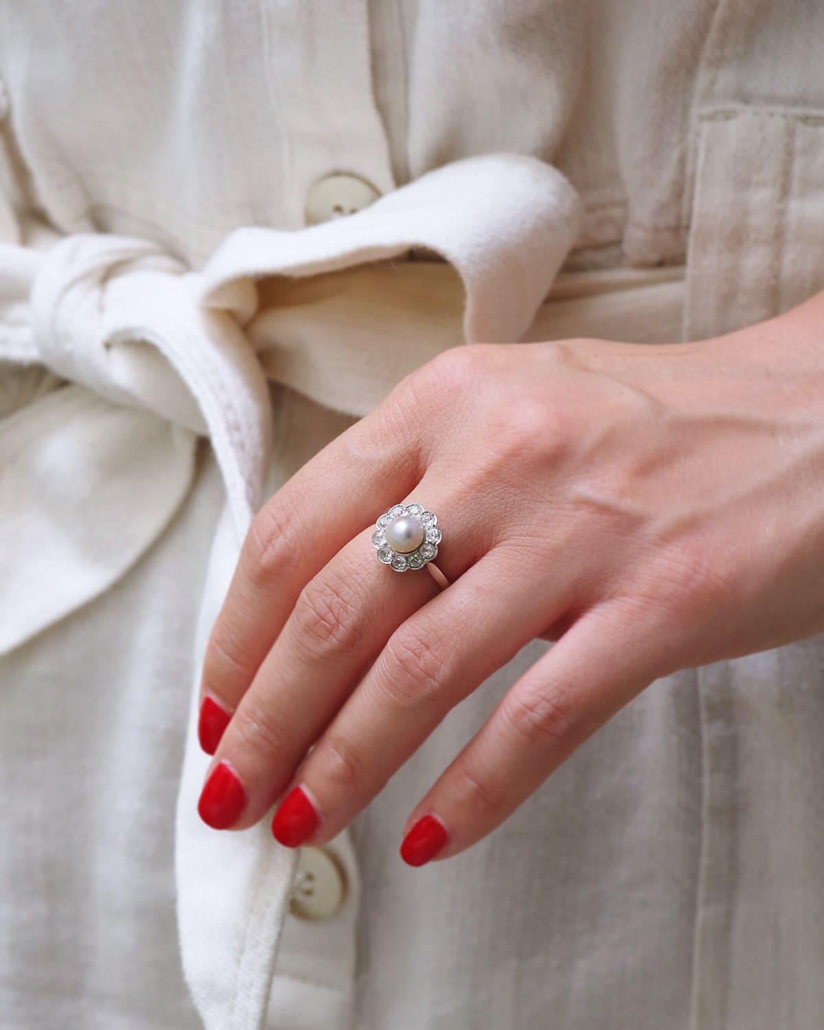 Old Mine Cut LFG certified natural pearl cluster ring, Belle epoque, 0.70 ct diamonds For Sale
