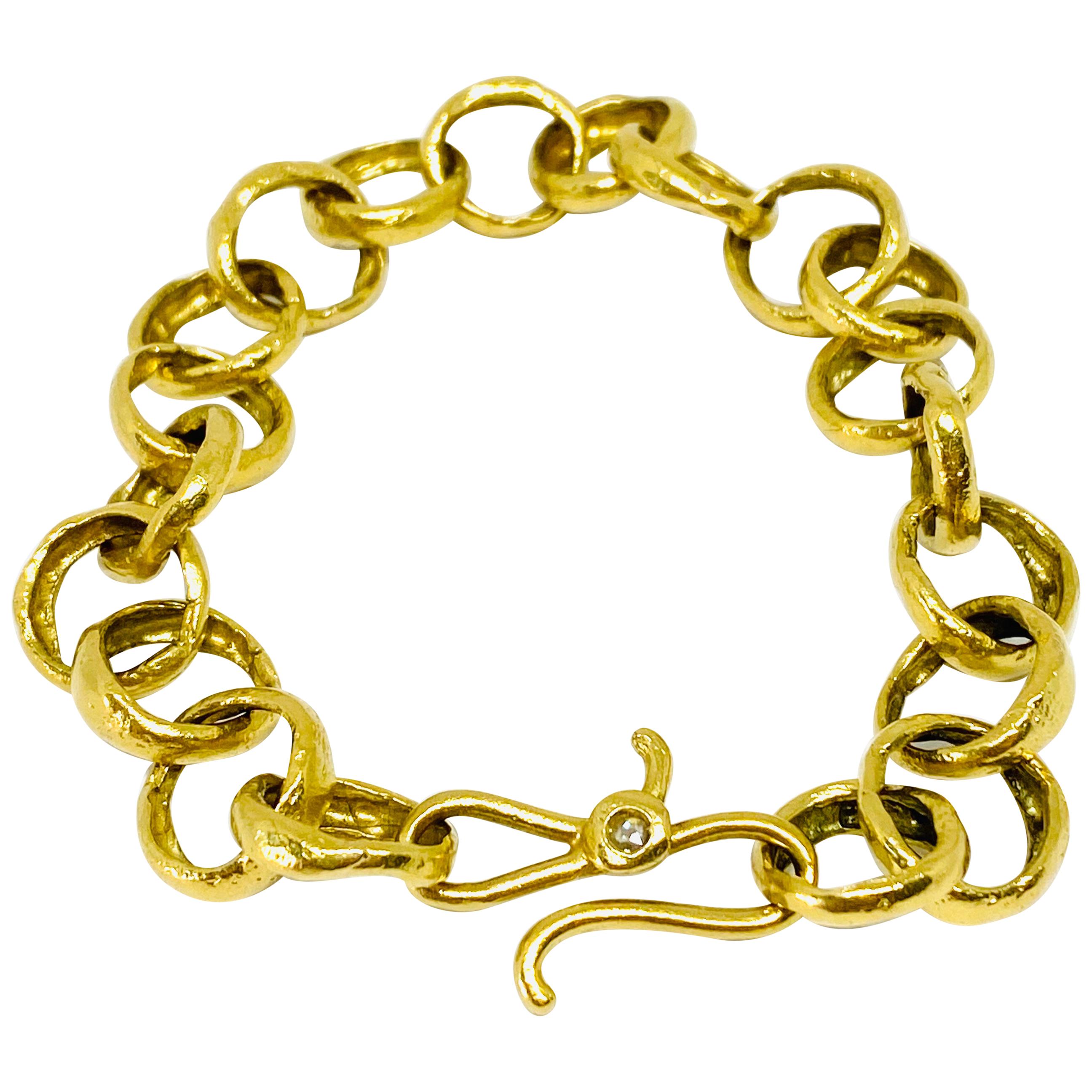 LFrank 18k Hammered Yellow Gold and Diamond Link Bracelet 