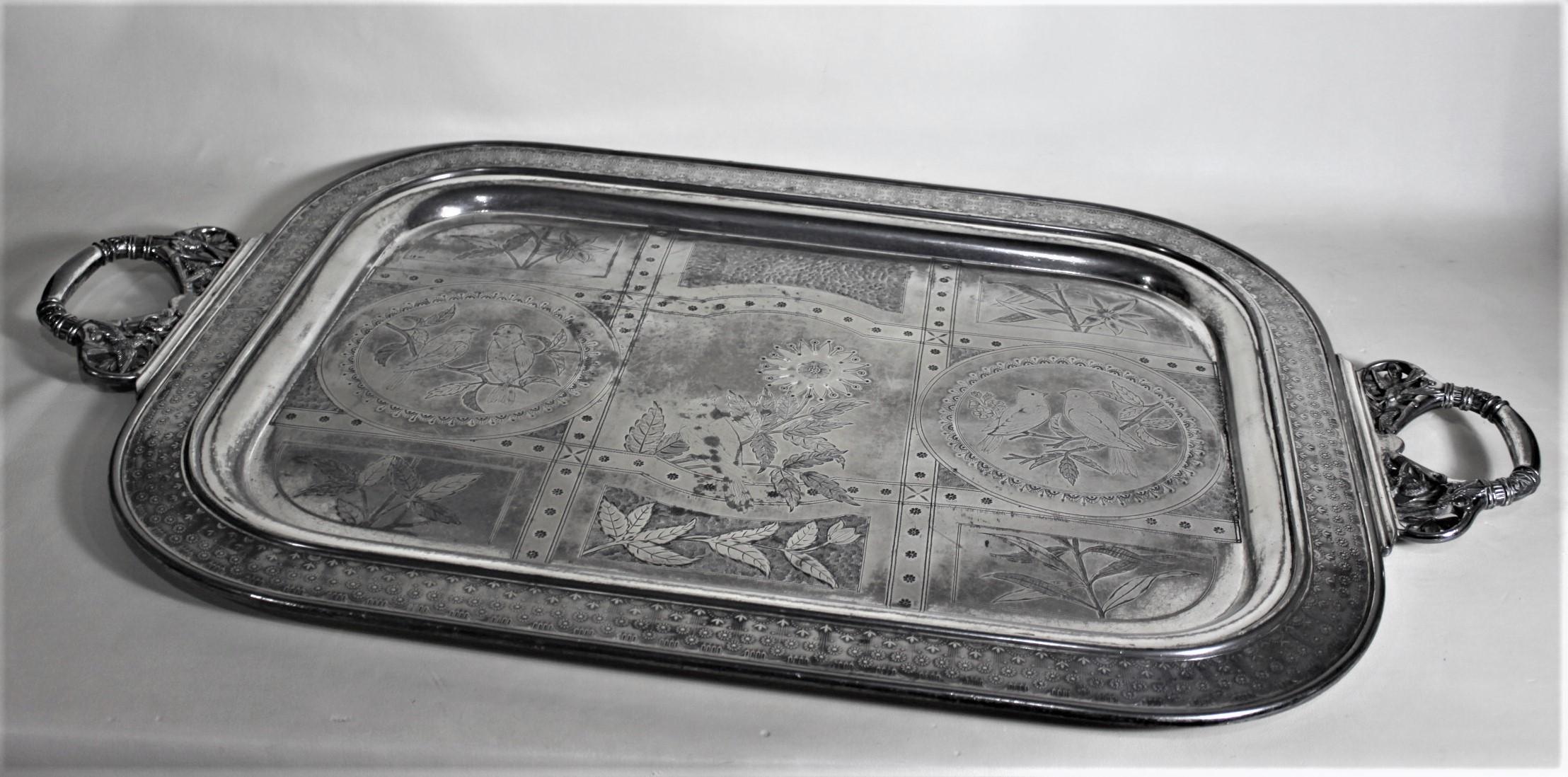 American Lg. Aesthetic Movement Silver Plated Serving Tray with Engraved Flowers & Birds For Sale