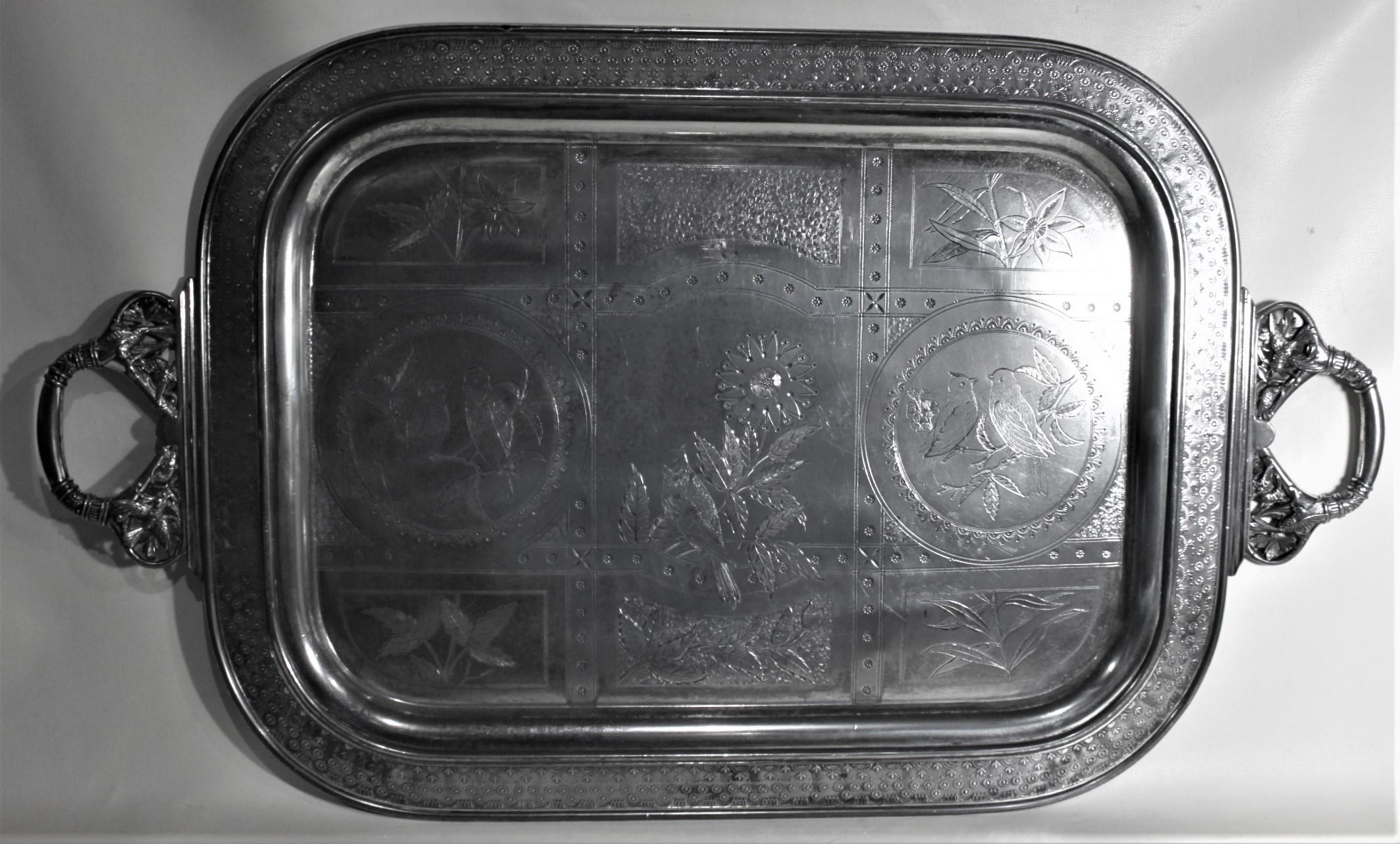 Lg. Aesthetic Movement Silver Plated Serving Tray with Engraved Flowers & Birds In Good Condition For Sale In Hamilton, Ontario