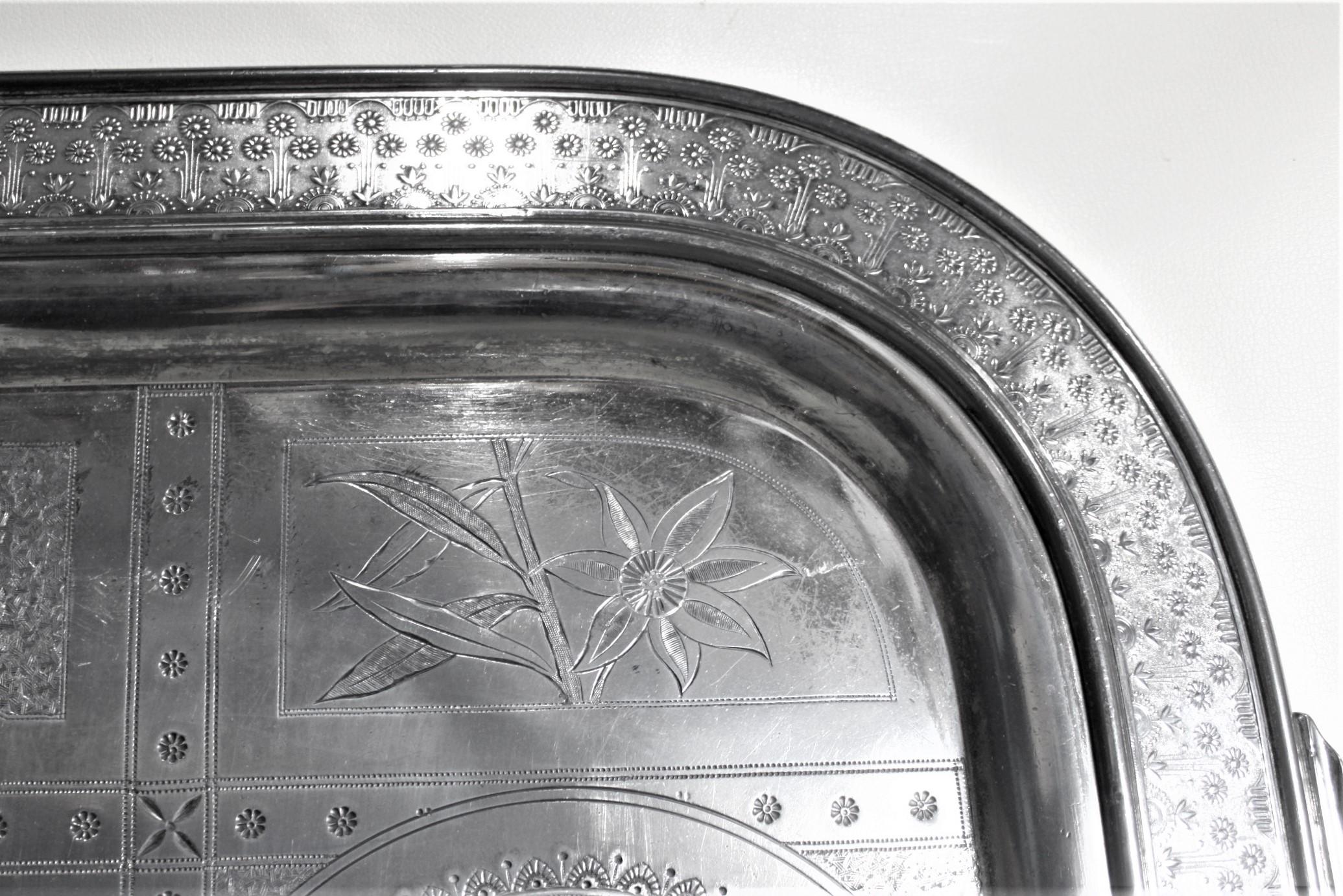 Metal Lg. Aesthetic Movement Silver Plated Serving Tray with Engraved Flowers & Birds For Sale