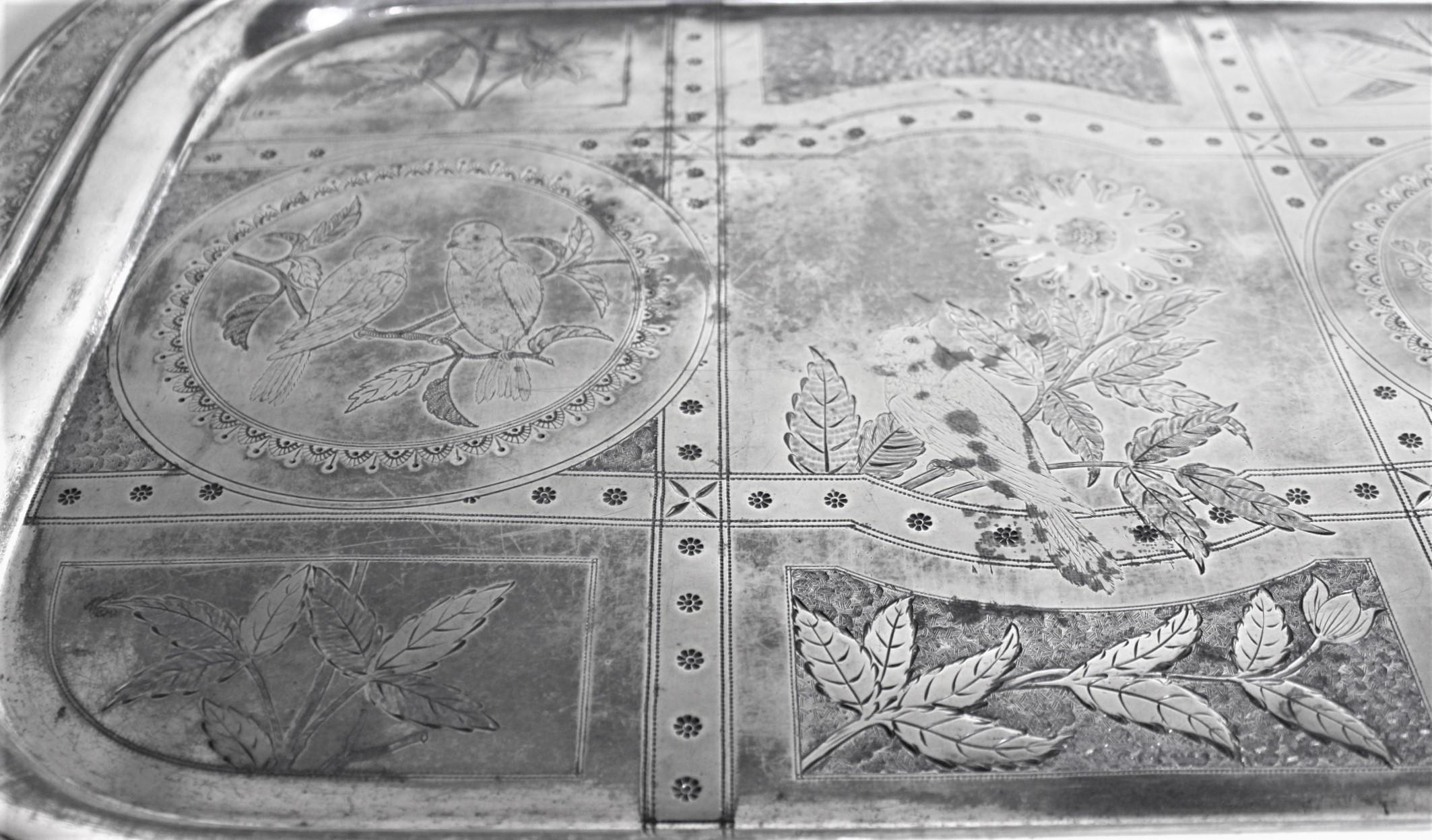 Lg. Aesthetic Movement Silver Plated Serving Tray with Engraved Flowers & Birds For Sale 2