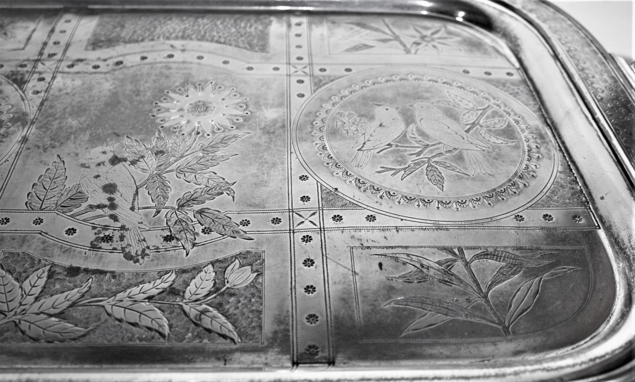 Lg. Aesthetic Movement Silver Plated Serving Tray with Engraved Flowers & Birds For Sale 3