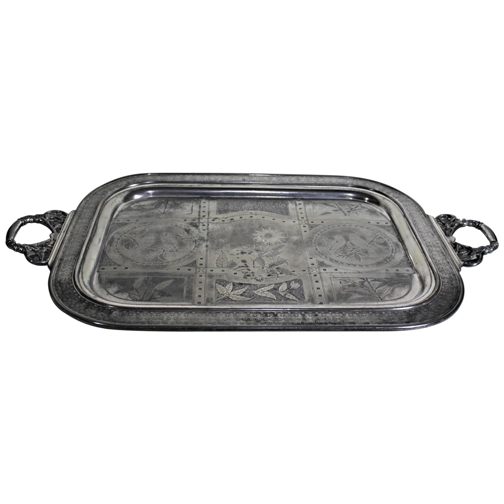 Lg. Aesthetic Movement Silver Plated Serving Tray with Engraved Flowers & Birds
