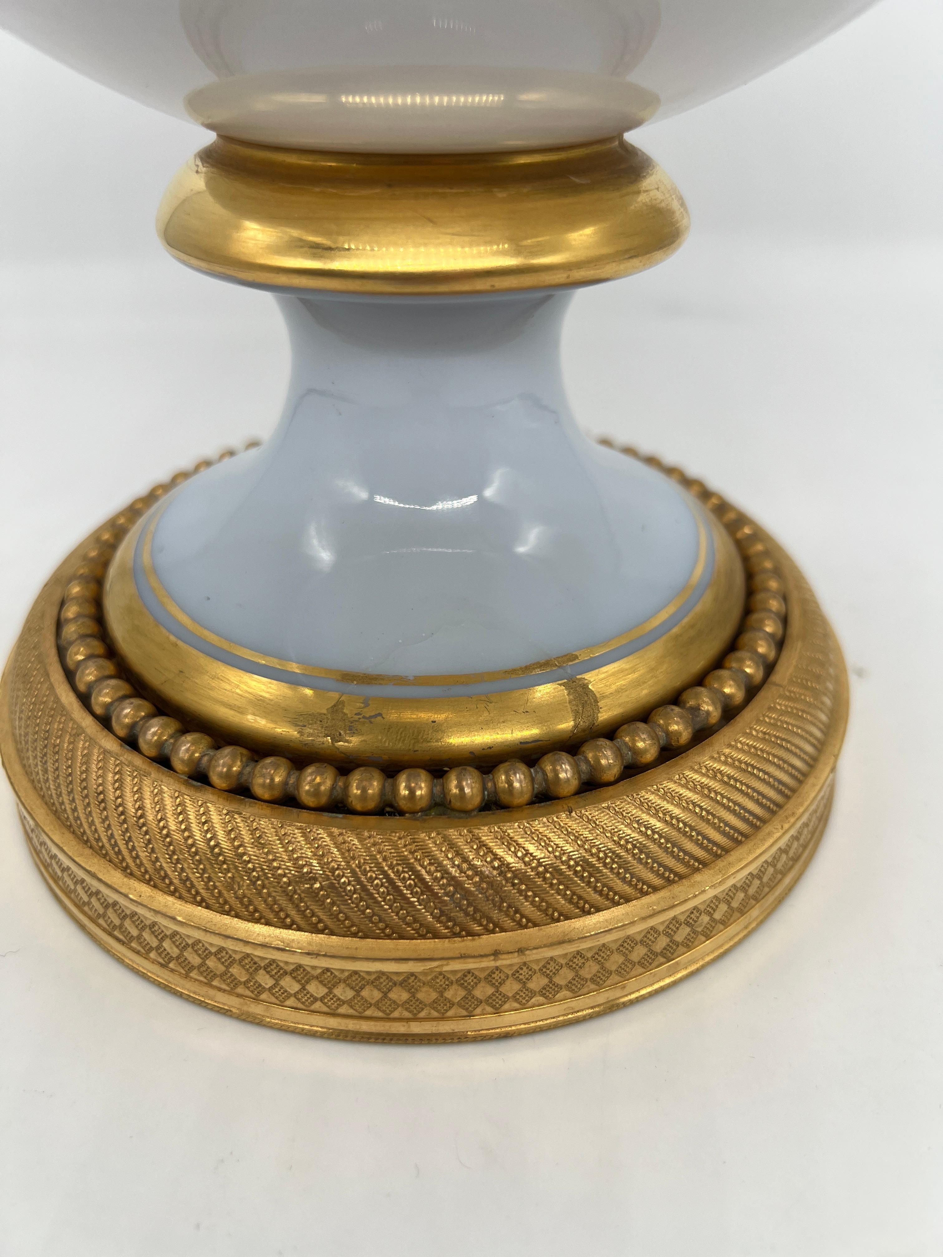 Lg. Baccarat French White Opaline, Gilt, Blue Enamel Bronze Ormolu Vase C. 1885 For Sale 5