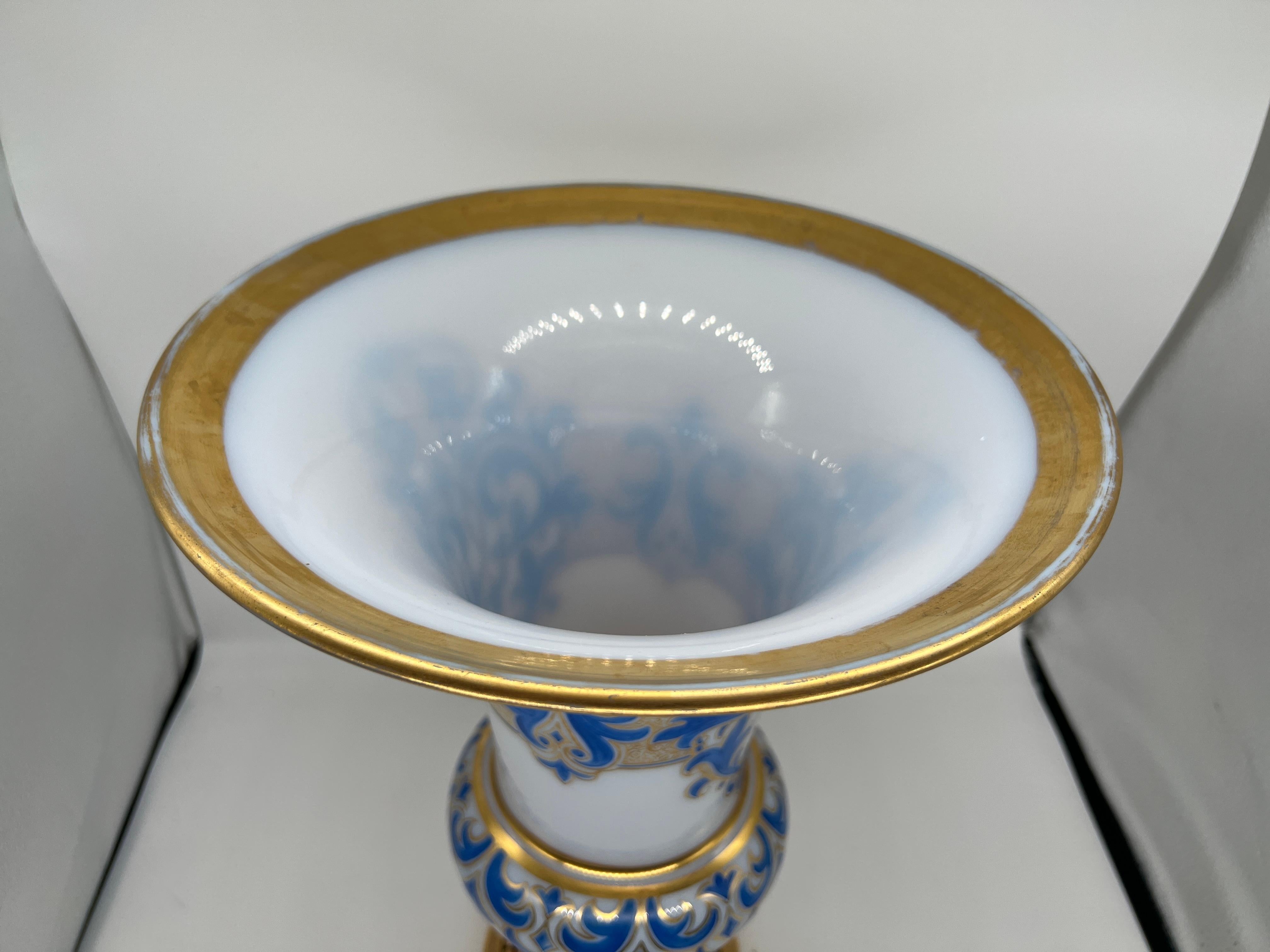 Lg. Baccarat French White Opaline, Gilt, Blue Enamel Bronze Ormolu Vase C. 1885 For Sale 6