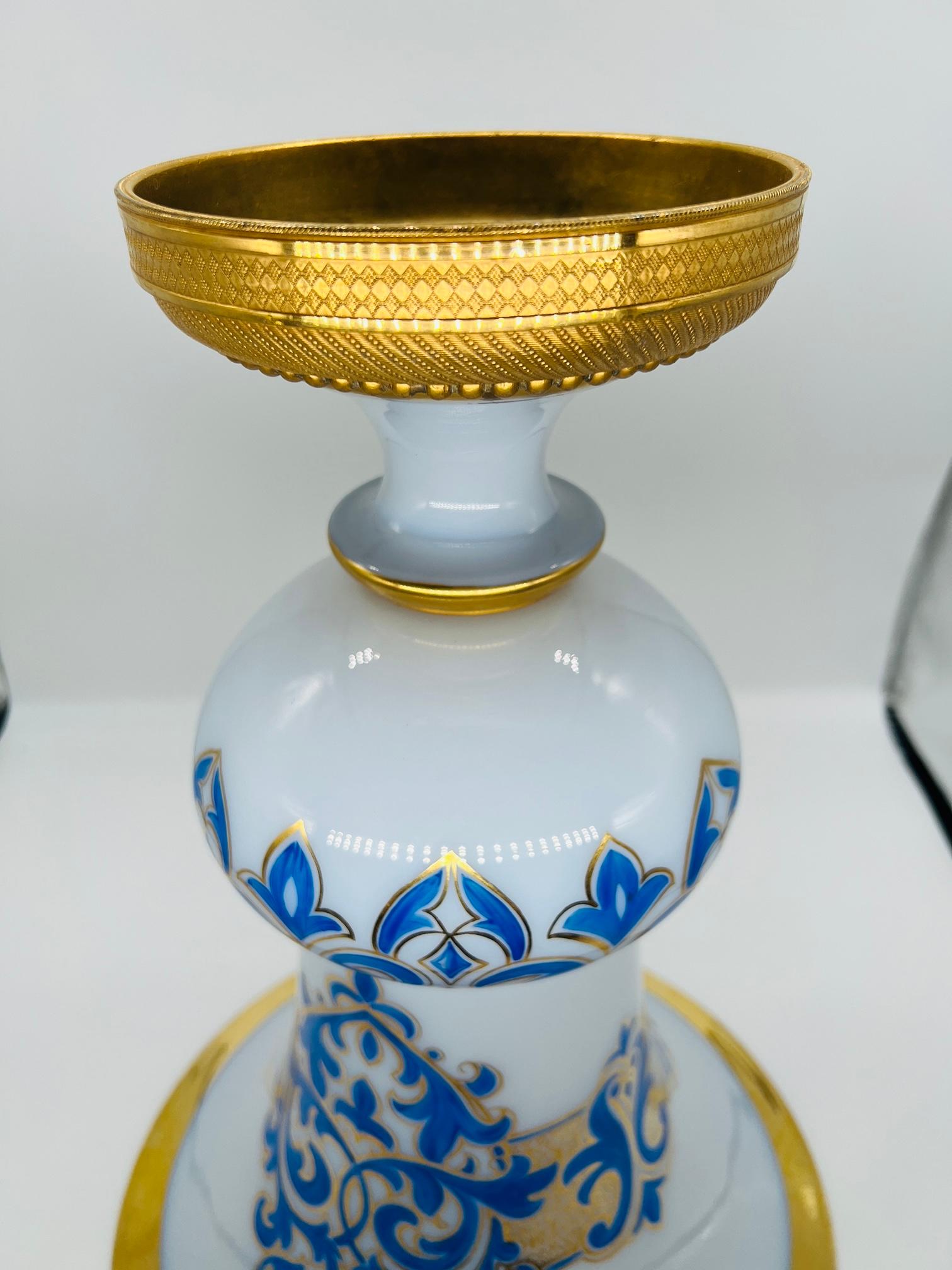 Lg. Baccarat French White Opaline, Gilt, Blue Enamel Bronze Ormolu Vase C. 1885 For Sale 8