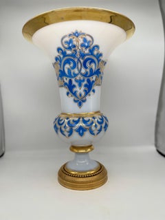 Lg. Baccarat French White Opaline, Gilt, Blue Enamel Bronze Ormolu Vase C. 1885
