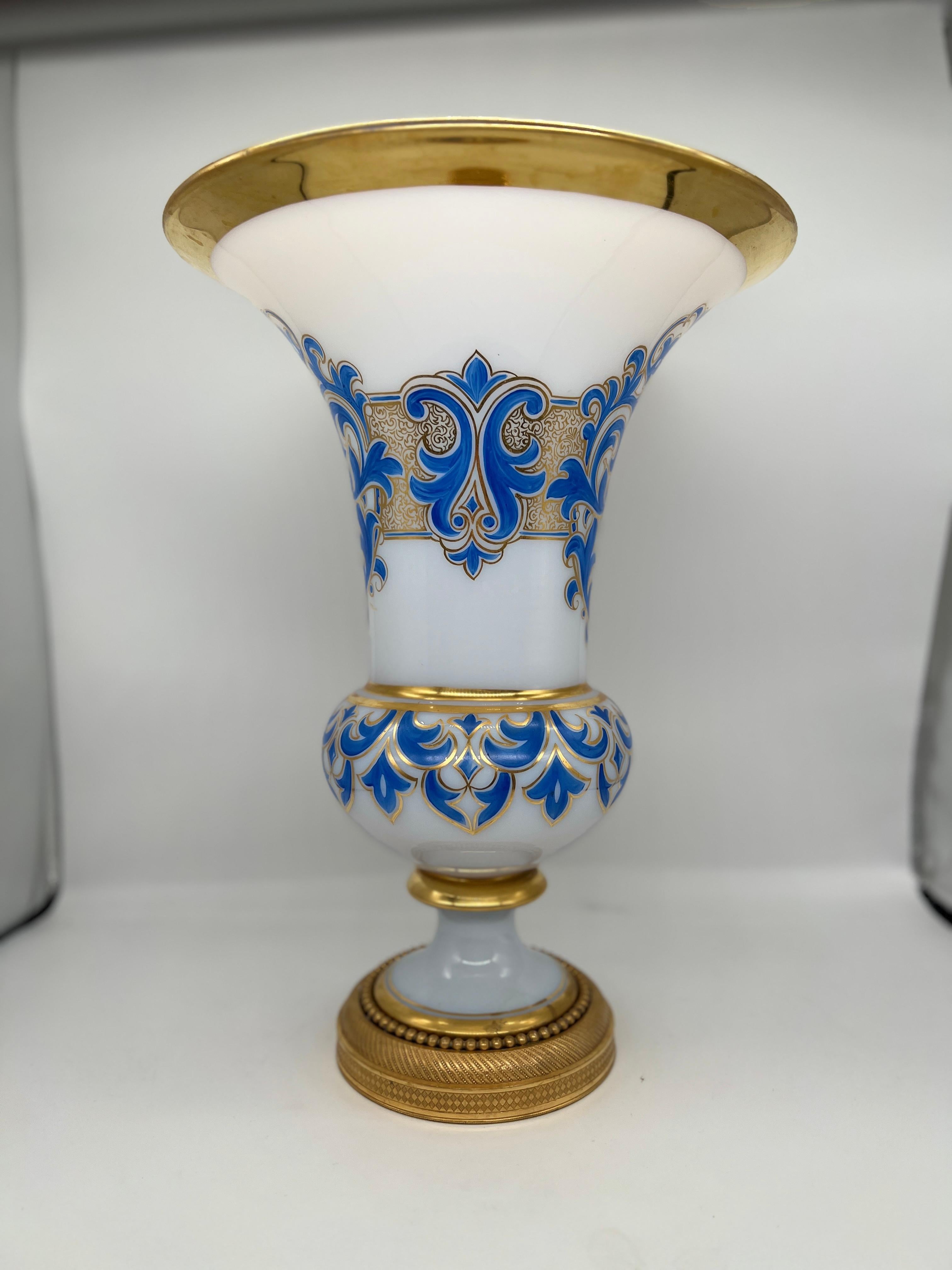 Charles X Lg. Baccarat French White Opaline, Gilt, Blue Enamel Bronze Ormolu Vase C. 1885 For Sale