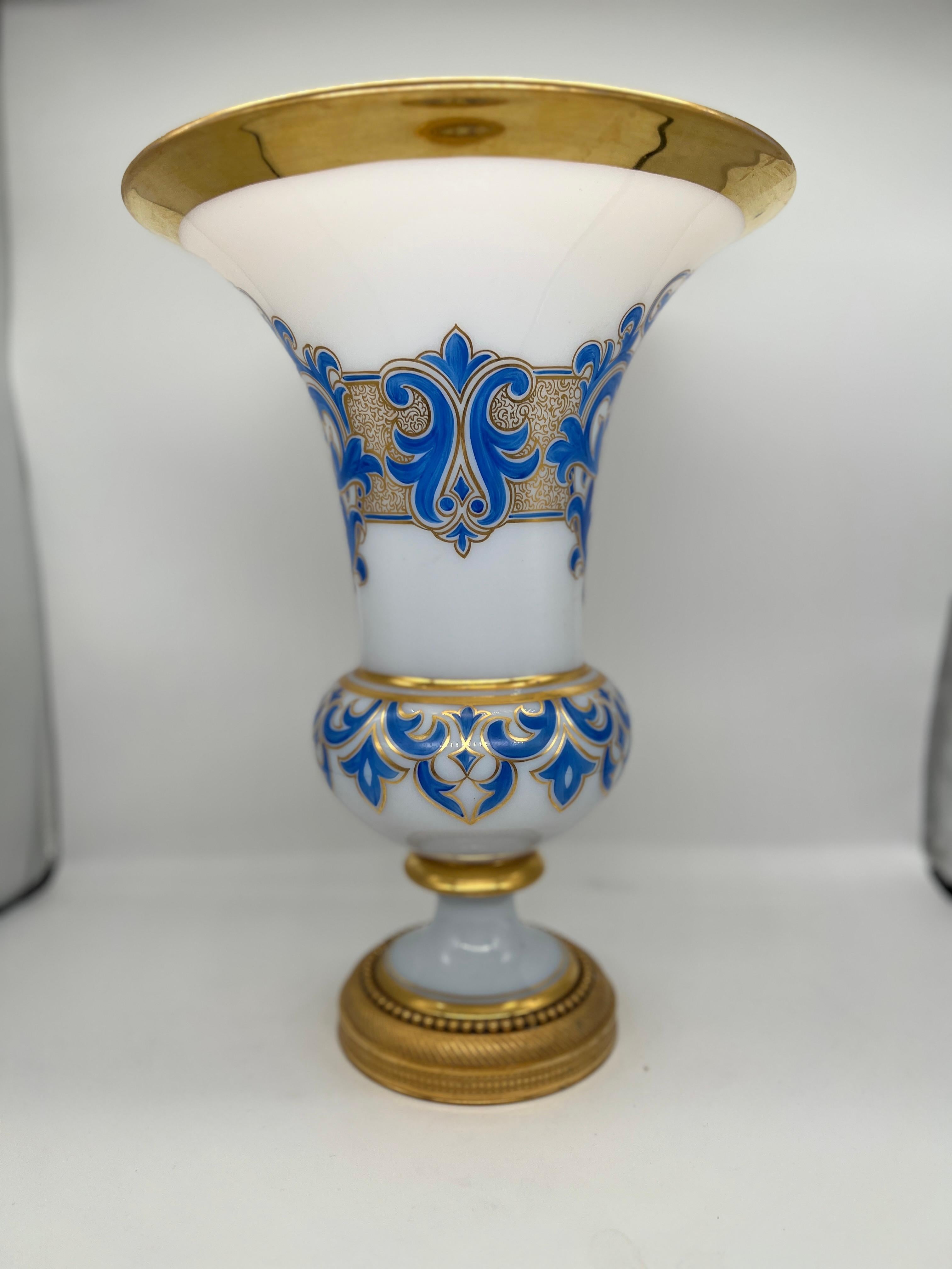 19th Century Lg. Baccarat French White Opaline, Gilt, Blue Enamel Bronze Ormolu Vase C. 1885 For Sale