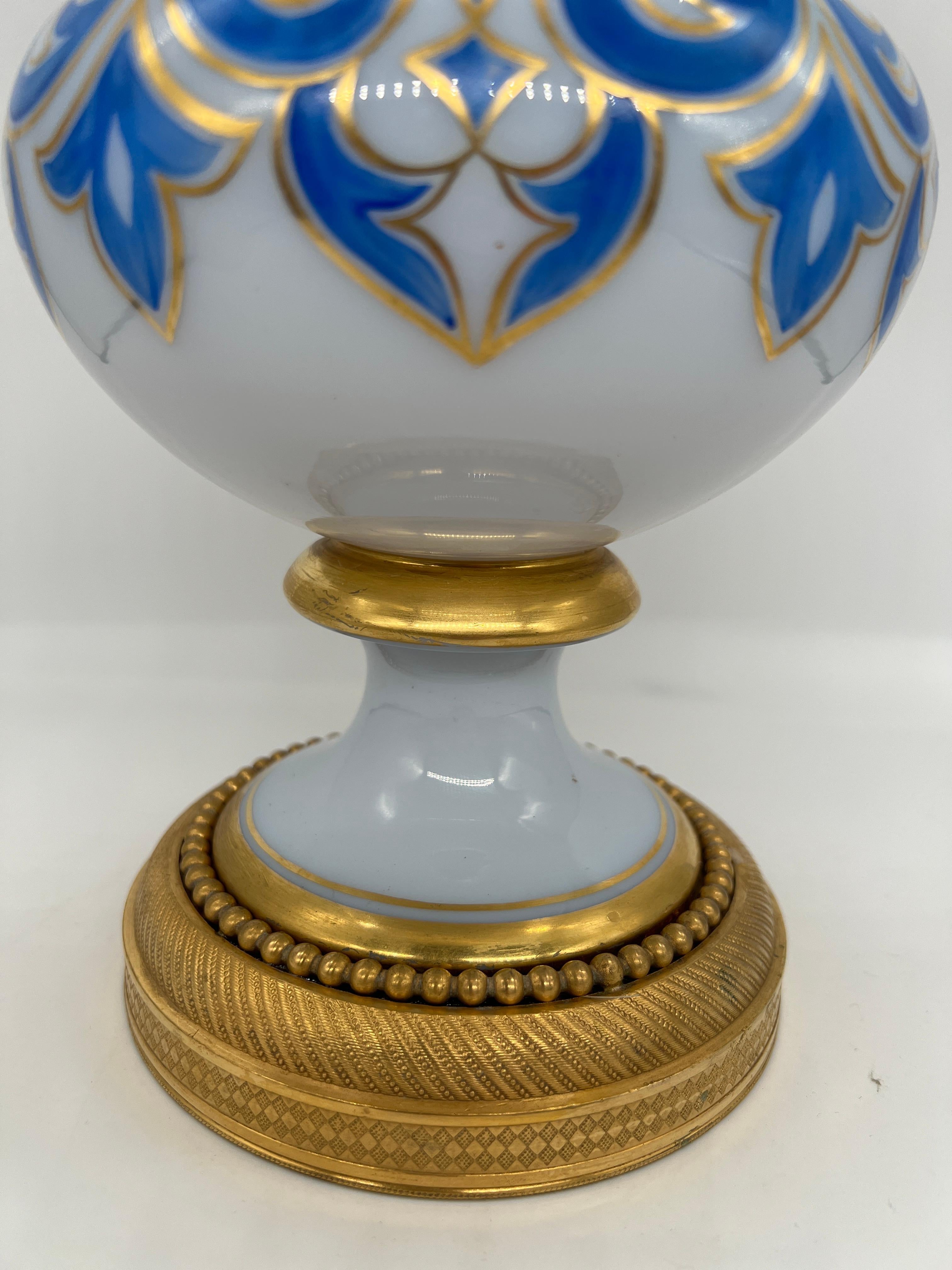 Lg. Baccarat French White Opaline, Gilt, Blue Enamel Bronze Ormolu Vase C. 1885 For Sale 2