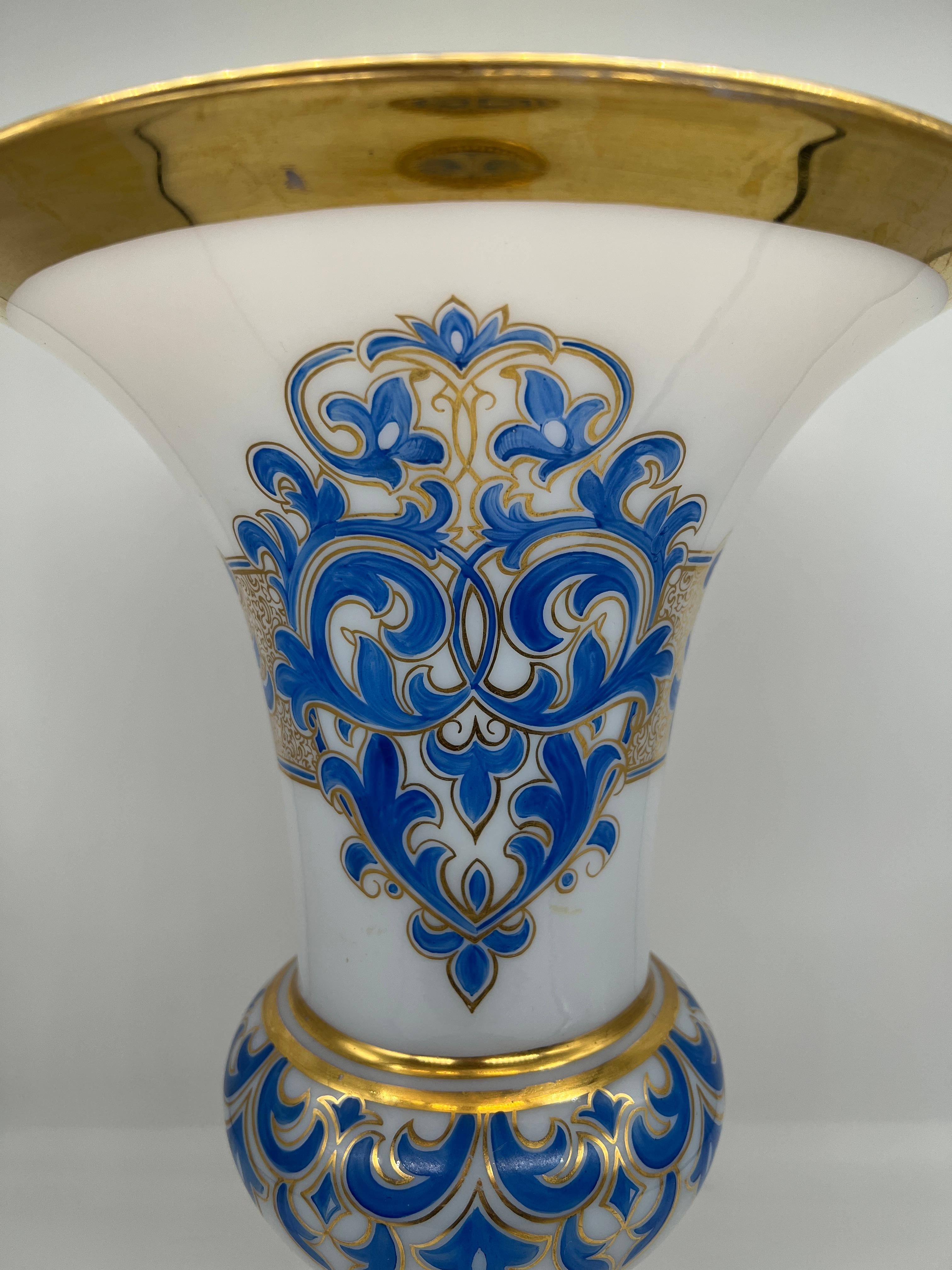 Lg. Baccarat French White Opaline, Gilt, Blue Enamel Bronze Ormolu Vase C. 1885 For Sale 4