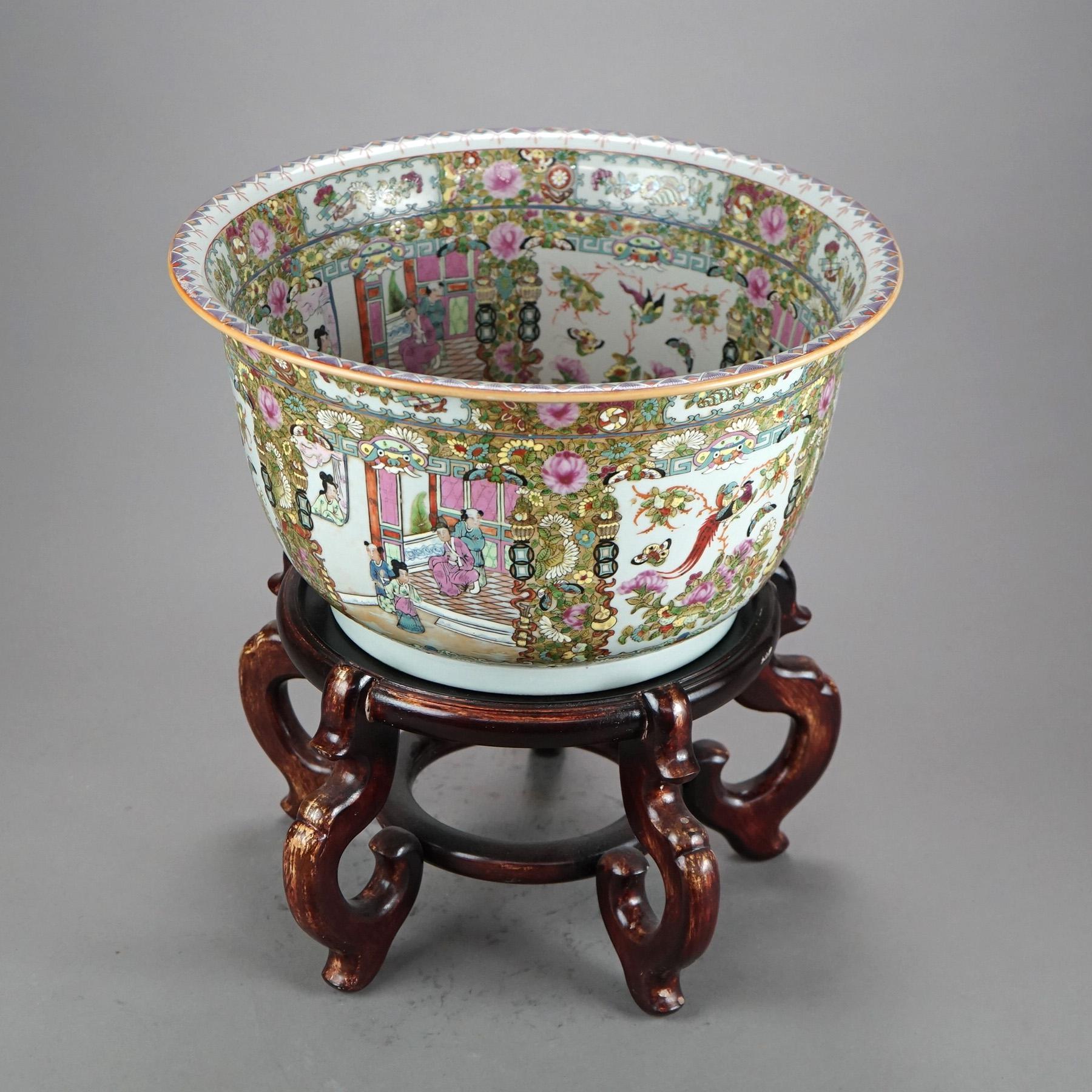 Large Chinese Rose Medallion Enameled Porcelain Jardiniere with Genre Scenes & Hardwood Stand 20thC

Measures - 16 3/4