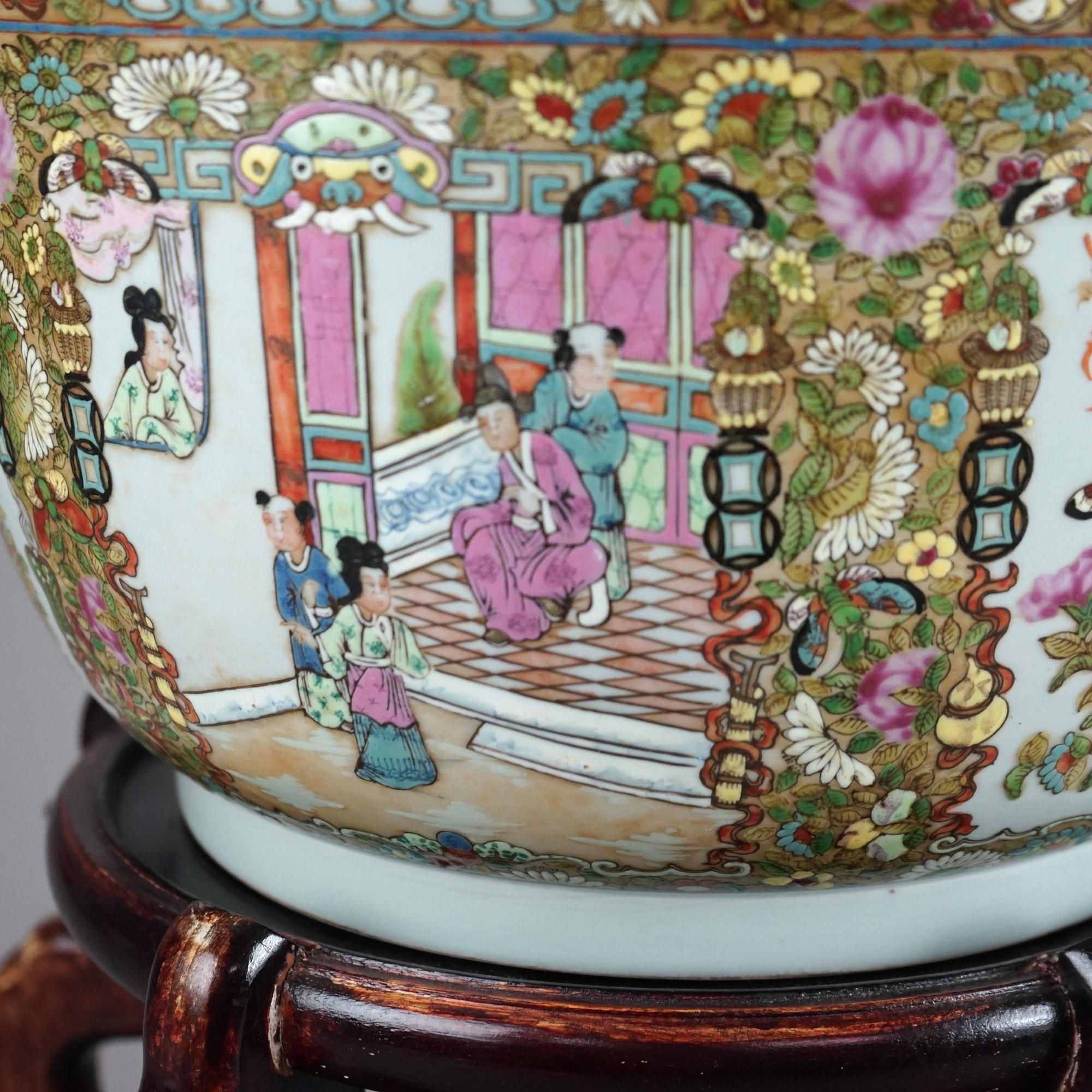 Lg Chinese Rose Medallion Enameled Porcelain Jardiniere & Hardwood Stand 20thC In Good Condition In Big Flats, NY