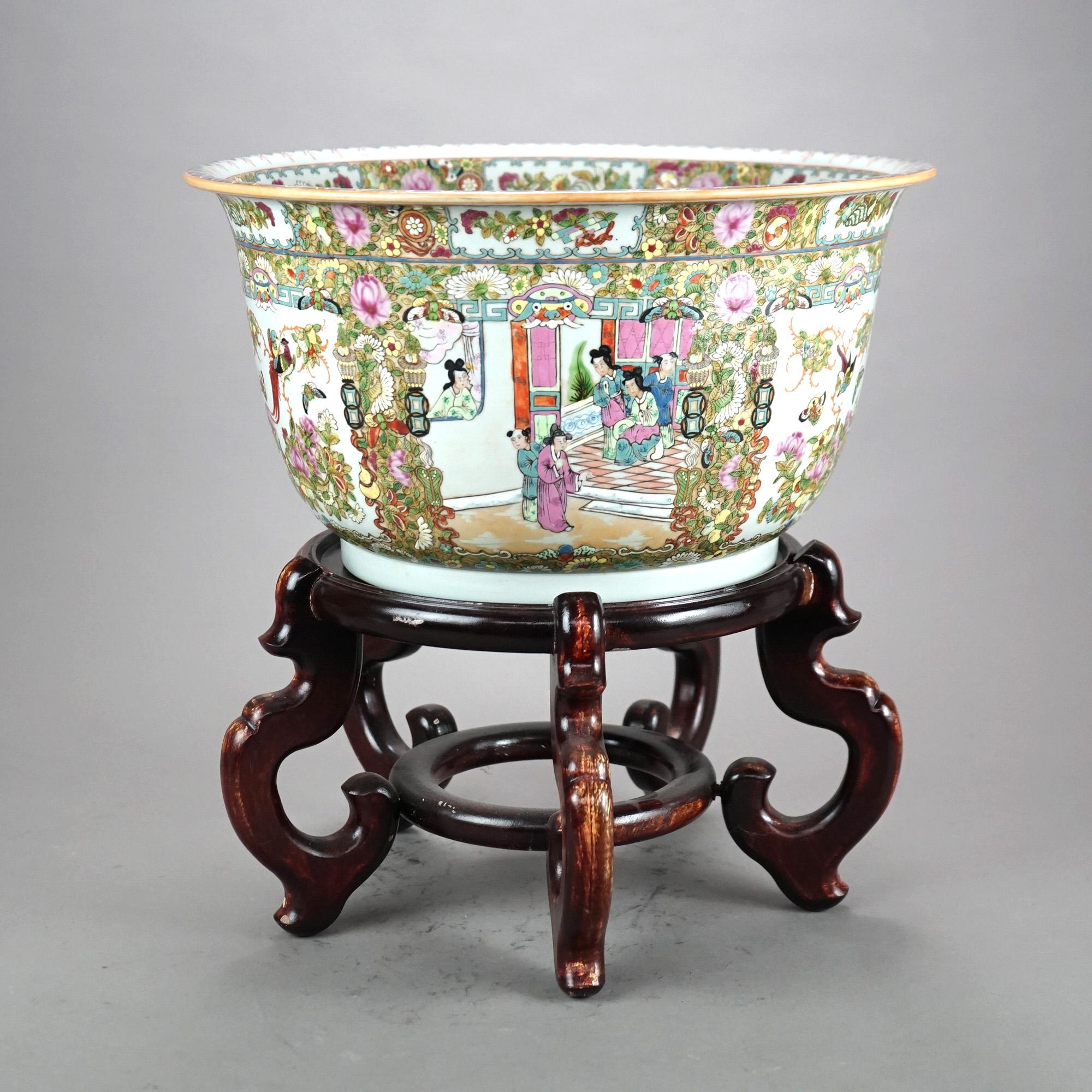 Lg Chinese Rose Medallion Enameled Porcelain Jardiniere & Hardwood Stand 20thC 1