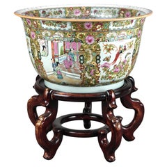 Lg Chinese Rose Medallion Enameled Porcelain Jardiniere & Hardwood Stand 20thC