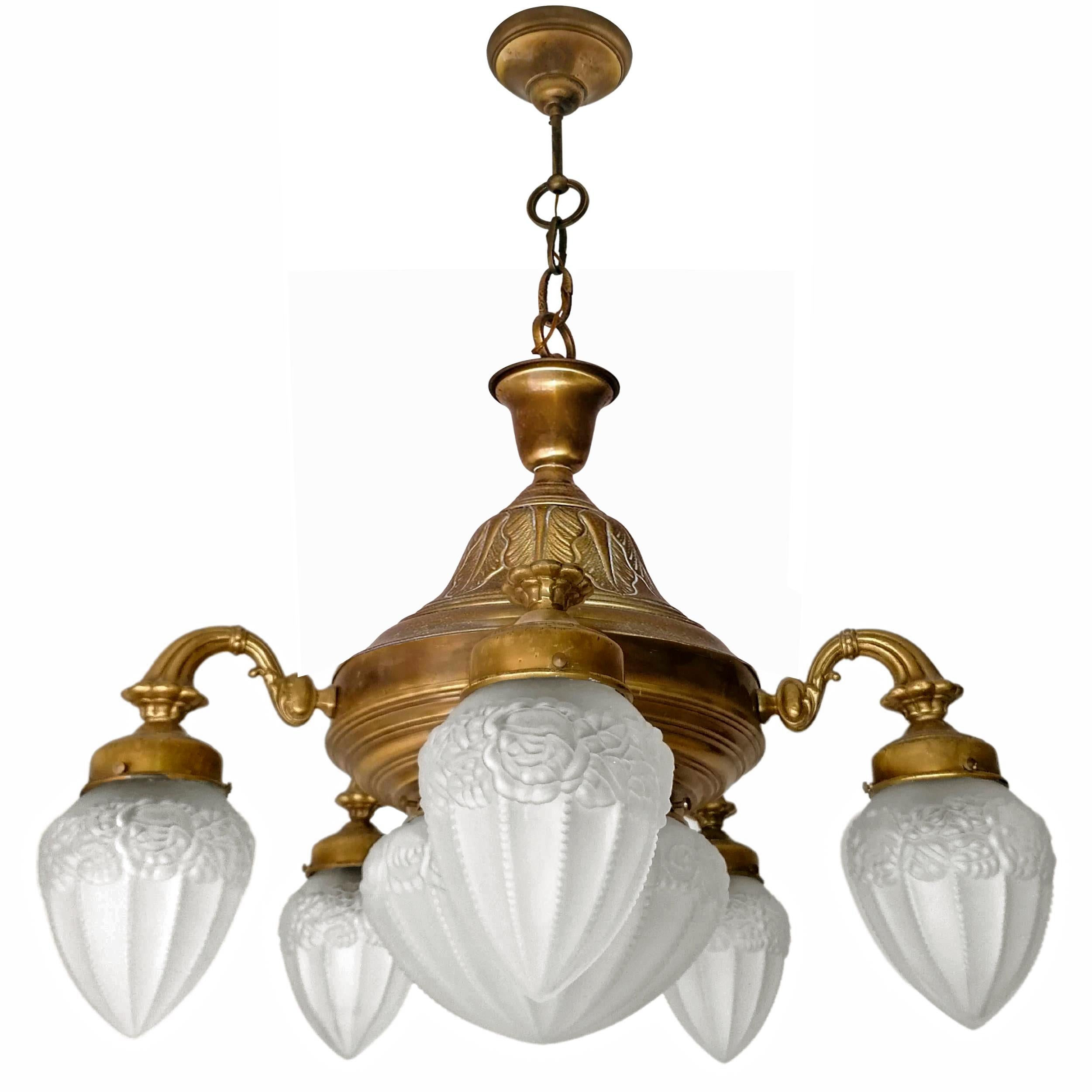 20th Century Lg French Art Deco & Art Nouveau Chandelier, Engraved Gilt Brass & Frosted Glass For Sale