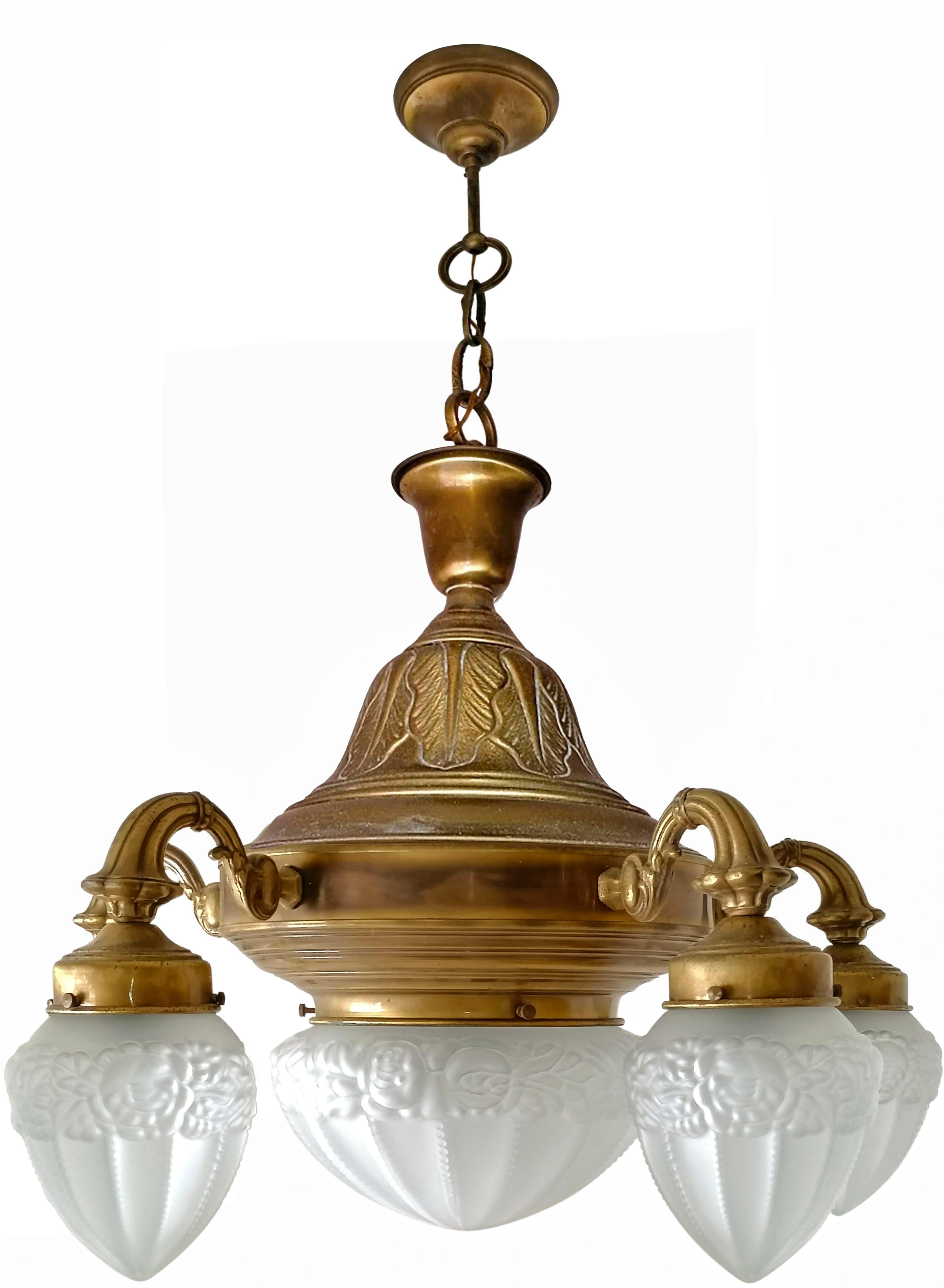 Lg French Art Deco & Art Nouveau Chandelier, Engraved Gilt Brass & Frosted Glass For Sale 1