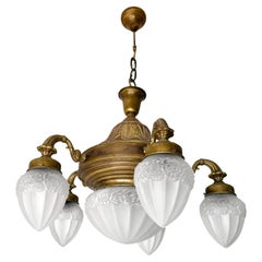 Lg French Art Deco & Art Nouveau Chandelier, Engraved Gilt Brass & Frosted Glass