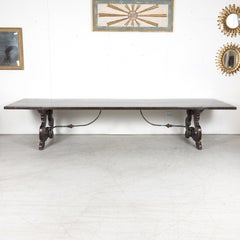 Lge 19th Century Spanish Baroque Style Trestle Dining Table with Iron Stretcher
