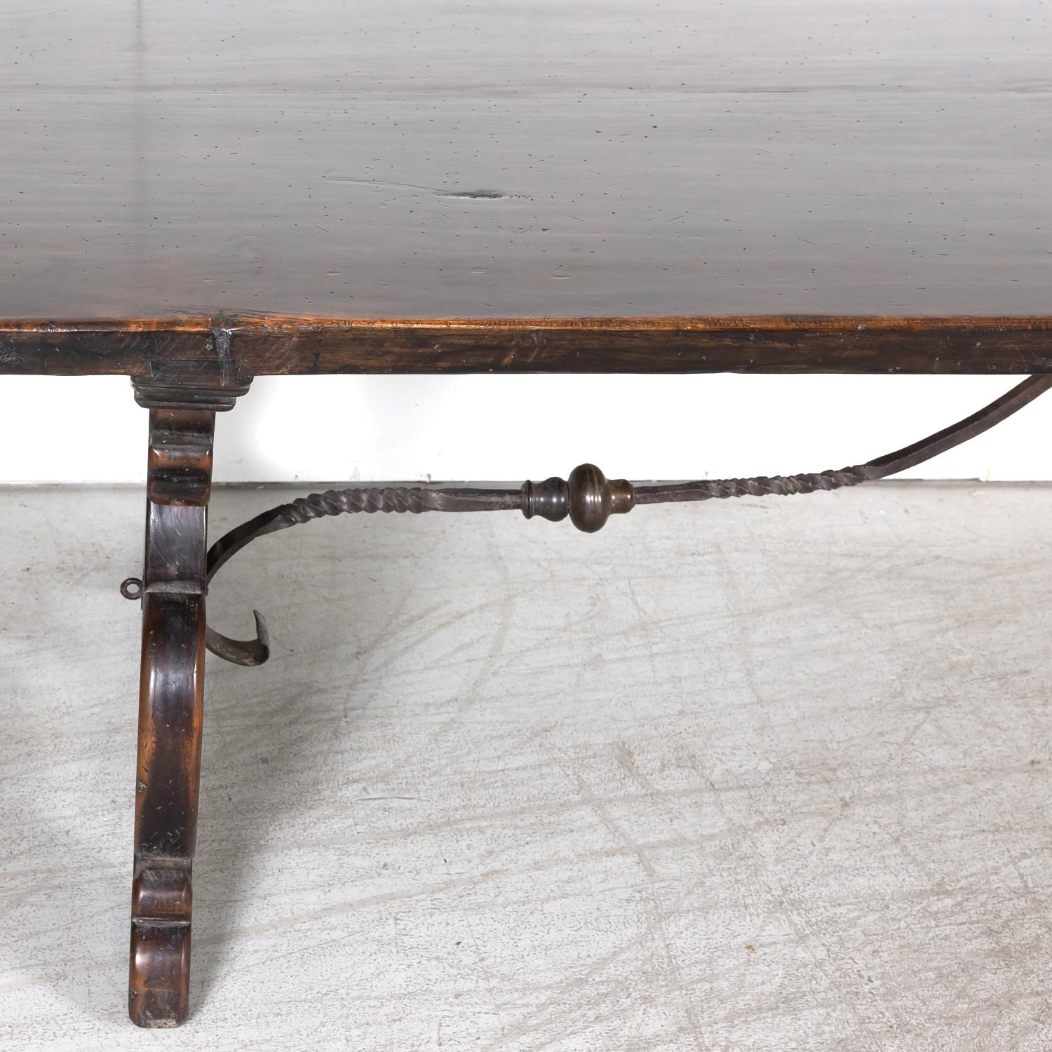 Lge 19th Century Spanish Baroque Style Trestle Dining Table with Iron Stretcher For Sale 2
