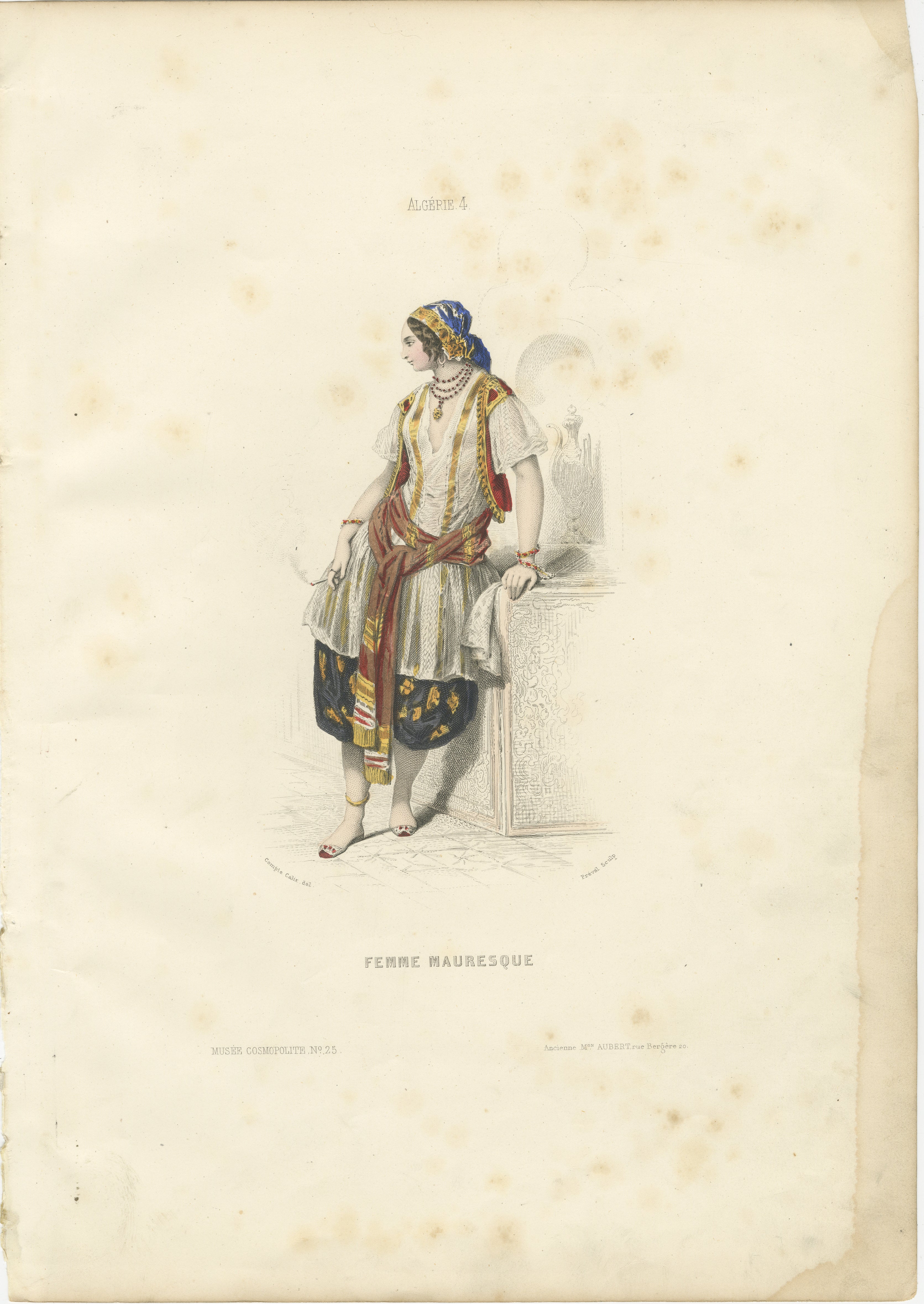 Maurische Frau Kostüm Druck Algerien 1853 von Compte-Calix - Handkolorierte Lithographie

Dieser elegante antike Druck zeigt eine maurische Frau (Femme Mauresque) aus Algerien, die zu der berühmten Kostümserie von François Claudius Compte-Calix aus