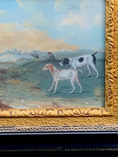 18th century English gun dogs pointing at birds in a landscape with men shooting
