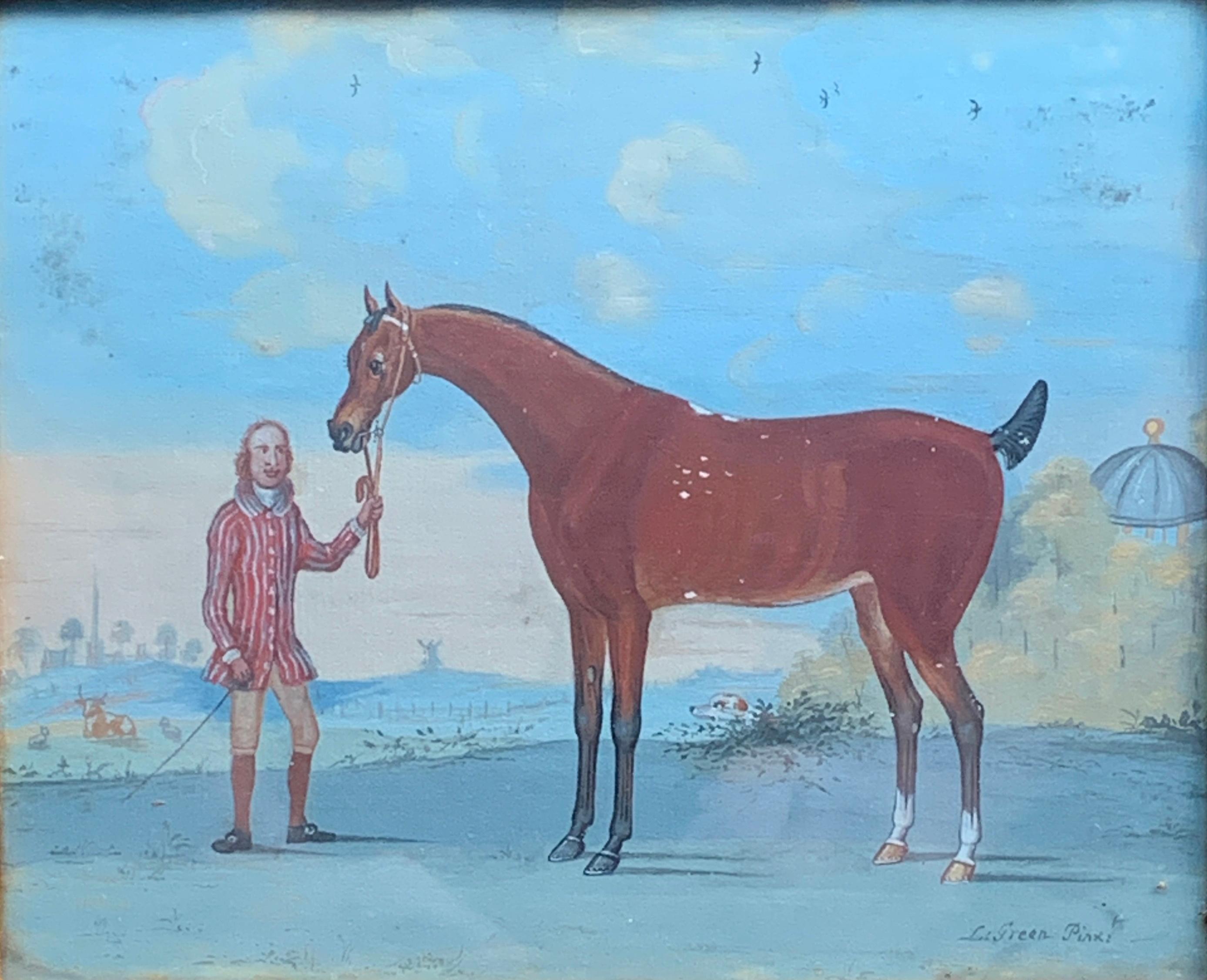 Englische Szene eines Reiters mit einem Pferd in einer Landschaft aus dem 18. Jahrhundert – Painting von L.Green