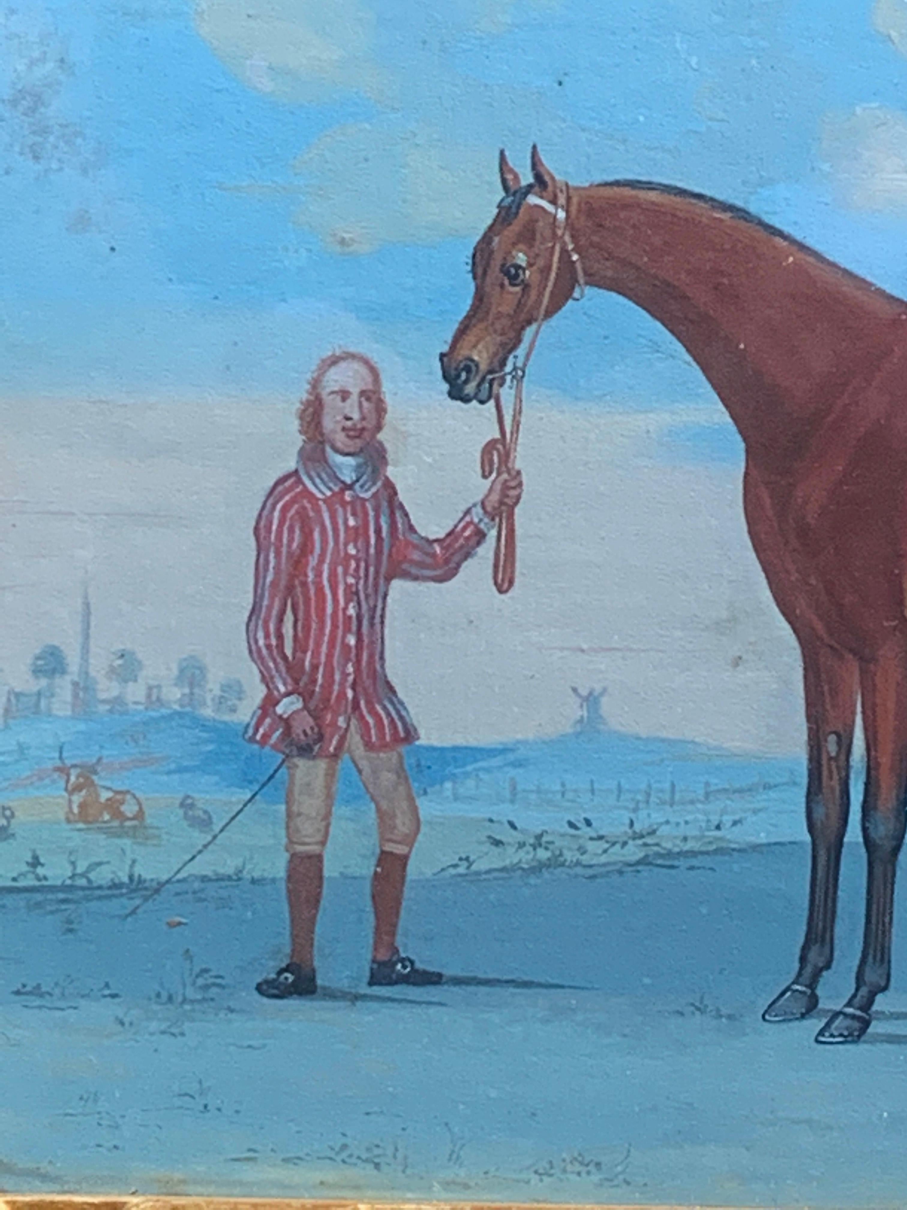 Merveilleuse gouache sur papier d'une scène anglaise du 18ème siècle représentant un palefrenier avec un cheval dans un paysage.

Un d'un ensemble de cinq, tous encadrés dans des cadres Hogarth. 

L.Green était membre d'une famille de peintres