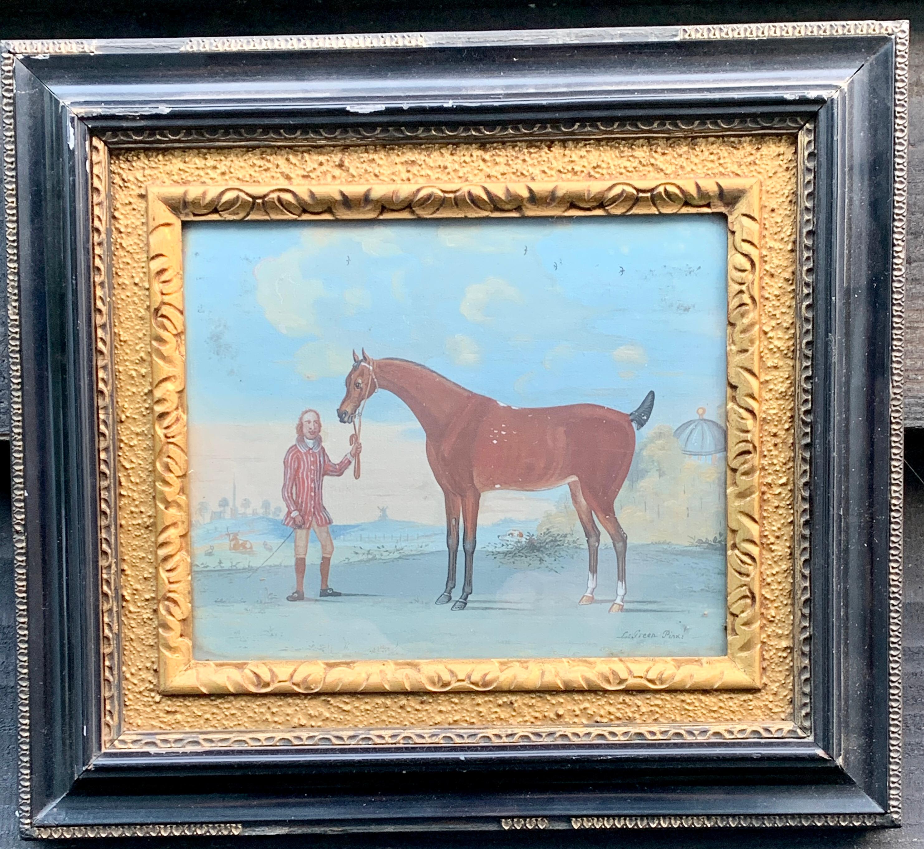 L.Green Figurative Painting - 18th century English scene of a groom with a horse in a landscape