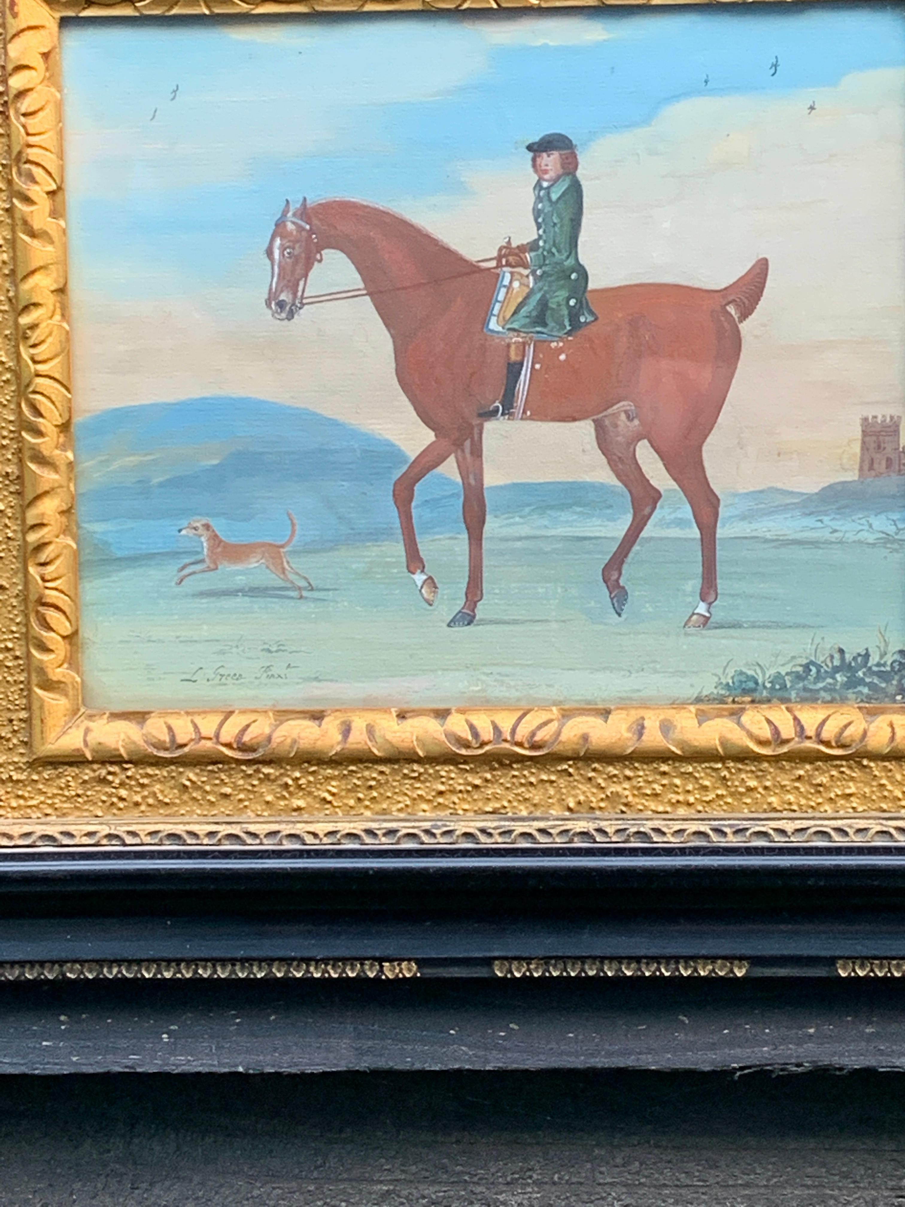 18th century English scene of a man on his horse with his dog in a landscape - Art by L.Green
