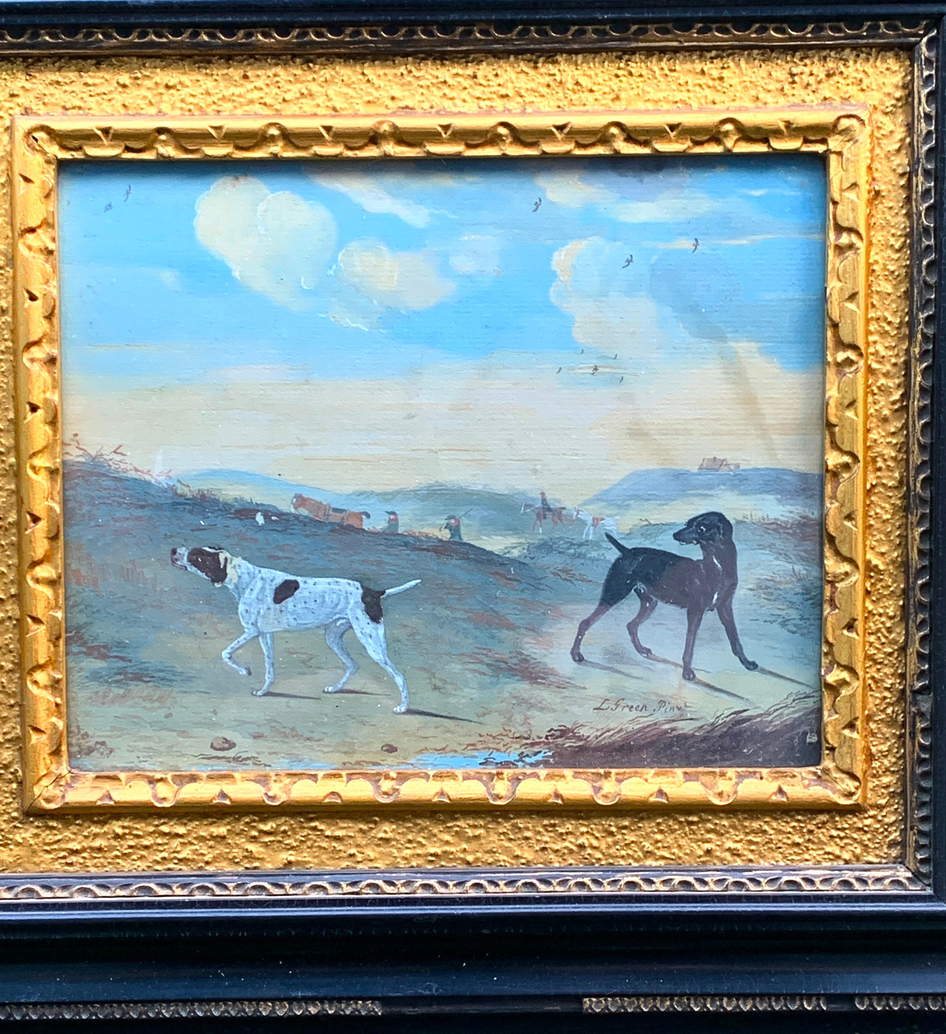 18th century English scene of pointer dogs out hunting with men shooting birds - Painting by L.Green